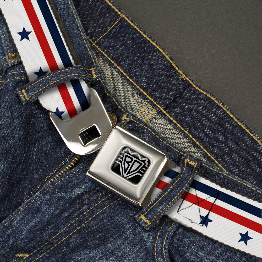 BD Wings Logo CLOSE-UP Full Color Black Silver Seatbelt Belt - Americana Stars & Stripes5 White/Blue/Red Webbing Seatbelt Belts Buckle-Down
