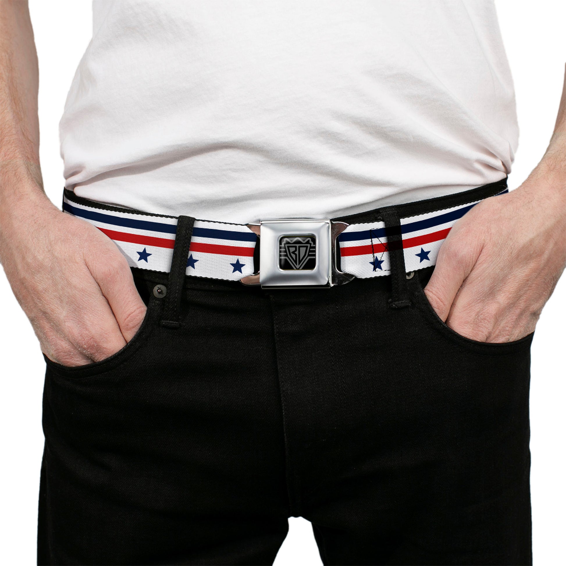 BD Wings Logo CLOSE-UP Full Color Black Silver Seatbelt Belt - Americana Stars & Stripes5 White/Blue/Red Webbing Seatbelt Belts Buckle-Down