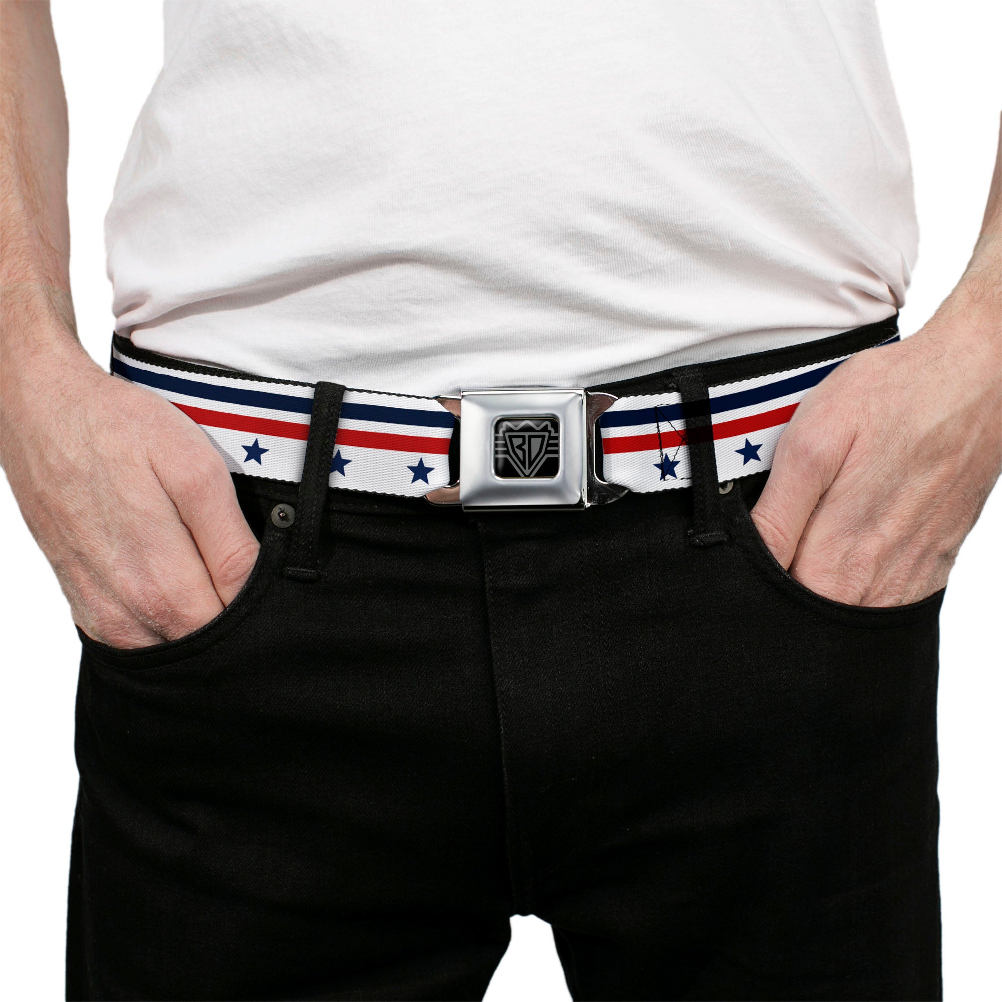 BD Wings Logo CLOSE-UP Full Color Black Silver Seatbelt Belt - Americana Stars & Stripes5 White/Blue/Red Webbing Seatbelt Belts Buckle-Down