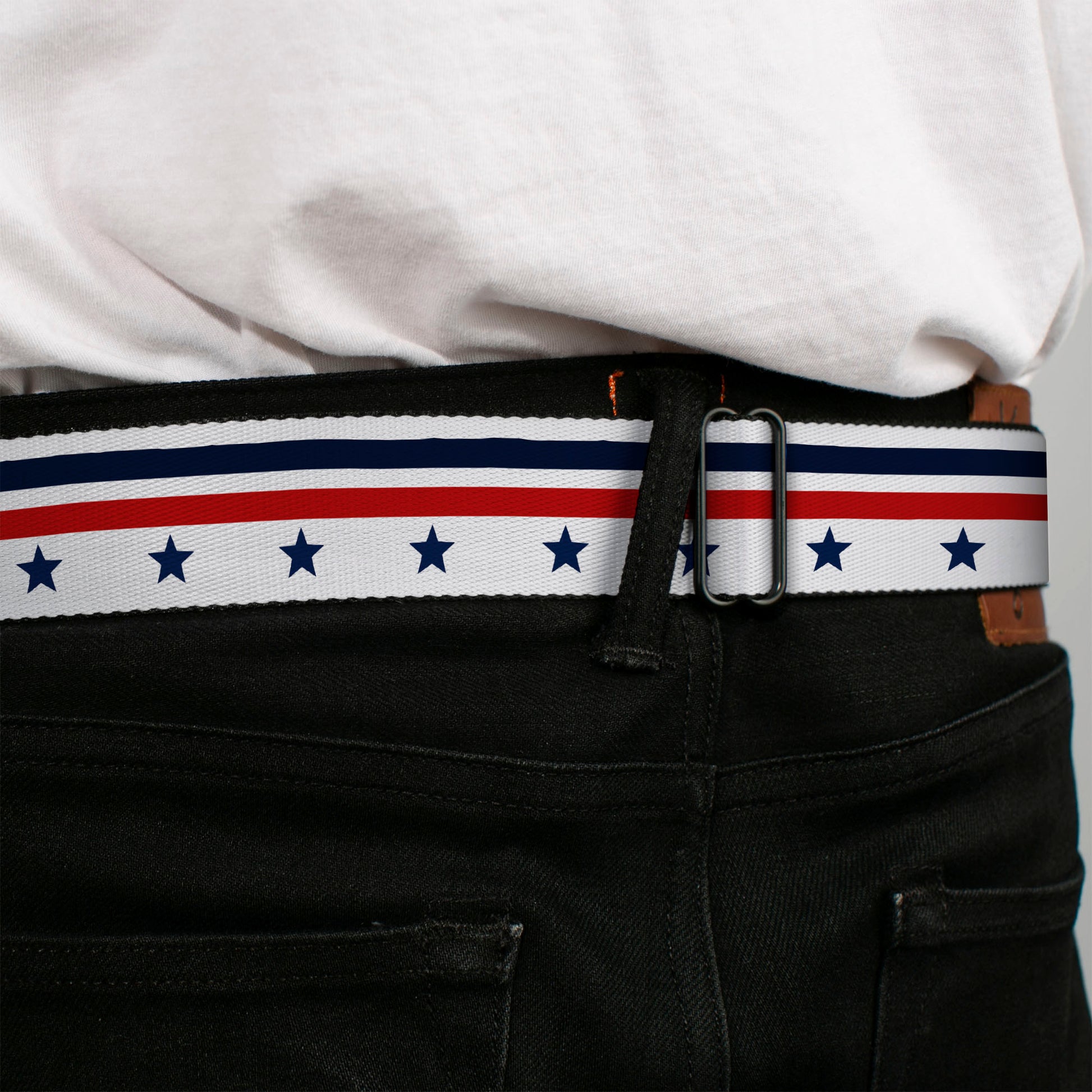 BD Wings Logo CLOSE-UP Full Color Black Silver Seatbelt Belt - Americana Stars & Stripes5 White/Blue/Red Webbing Seatbelt Belts Buckle-Down