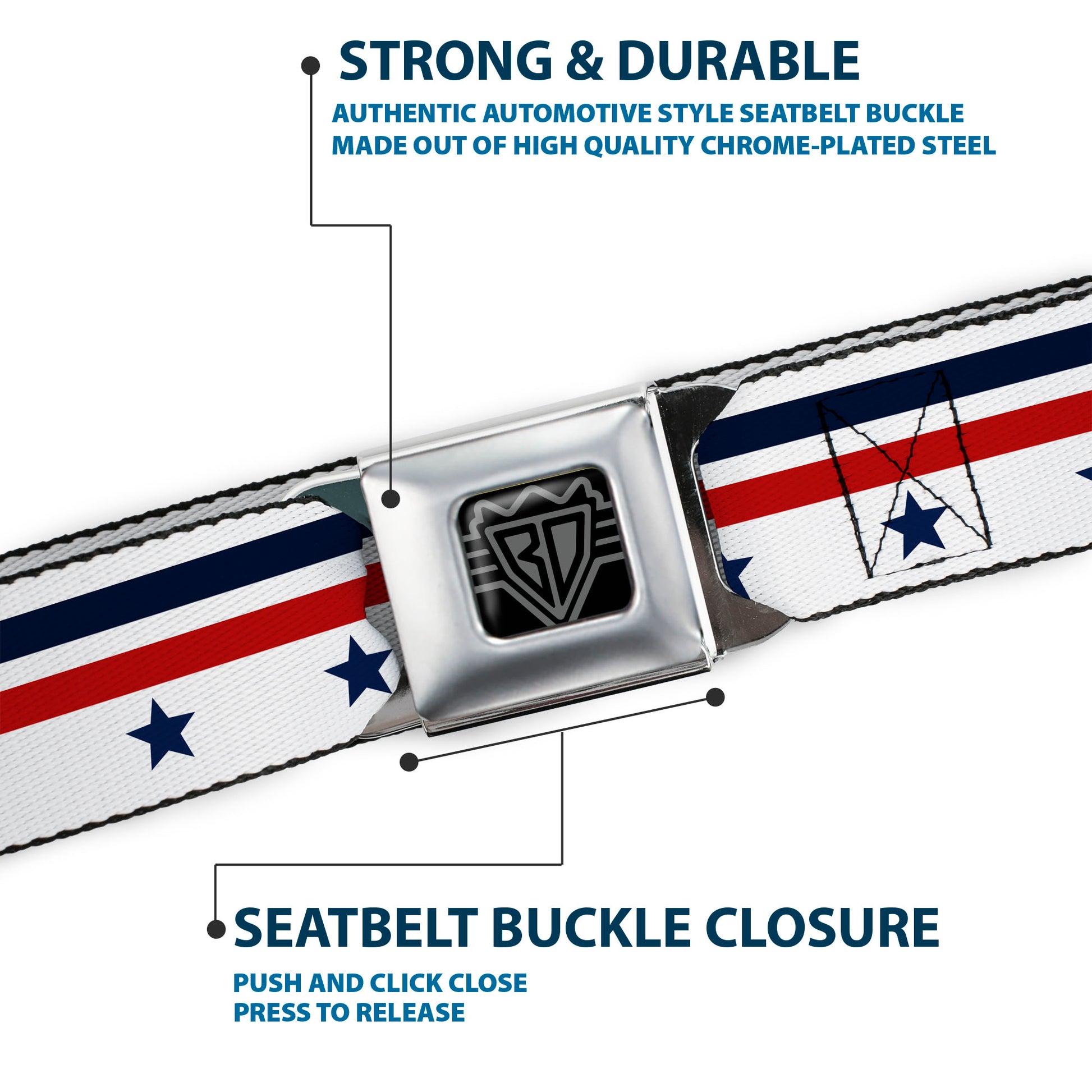 BD Wings Logo CLOSE-UP Full Color Black Silver Seatbelt Belt - Americana Stars & Stripes5 White/Blue/Red Webbing Seatbelt Belts Buckle-Down