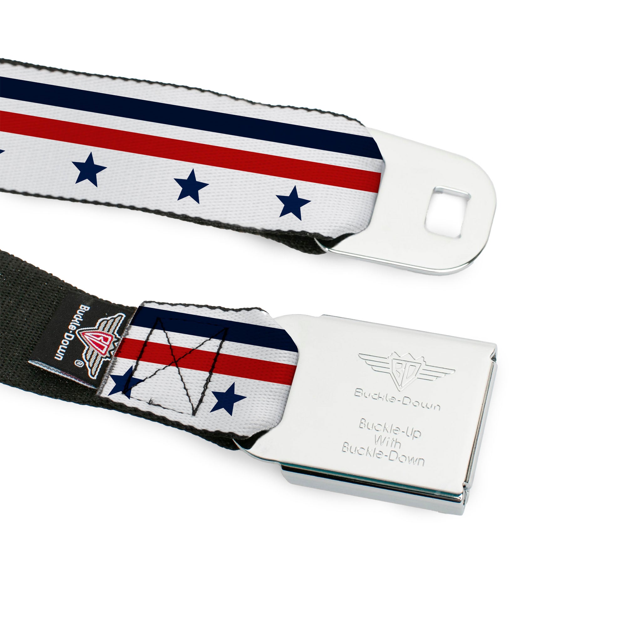 BD Wings Logo CLOSE-UP Full Color Black Silver Seatbelt Belt - Americana Stars & Stripes5 White/Blue/Red Webbing Seatbelt Belts Buckle-Down