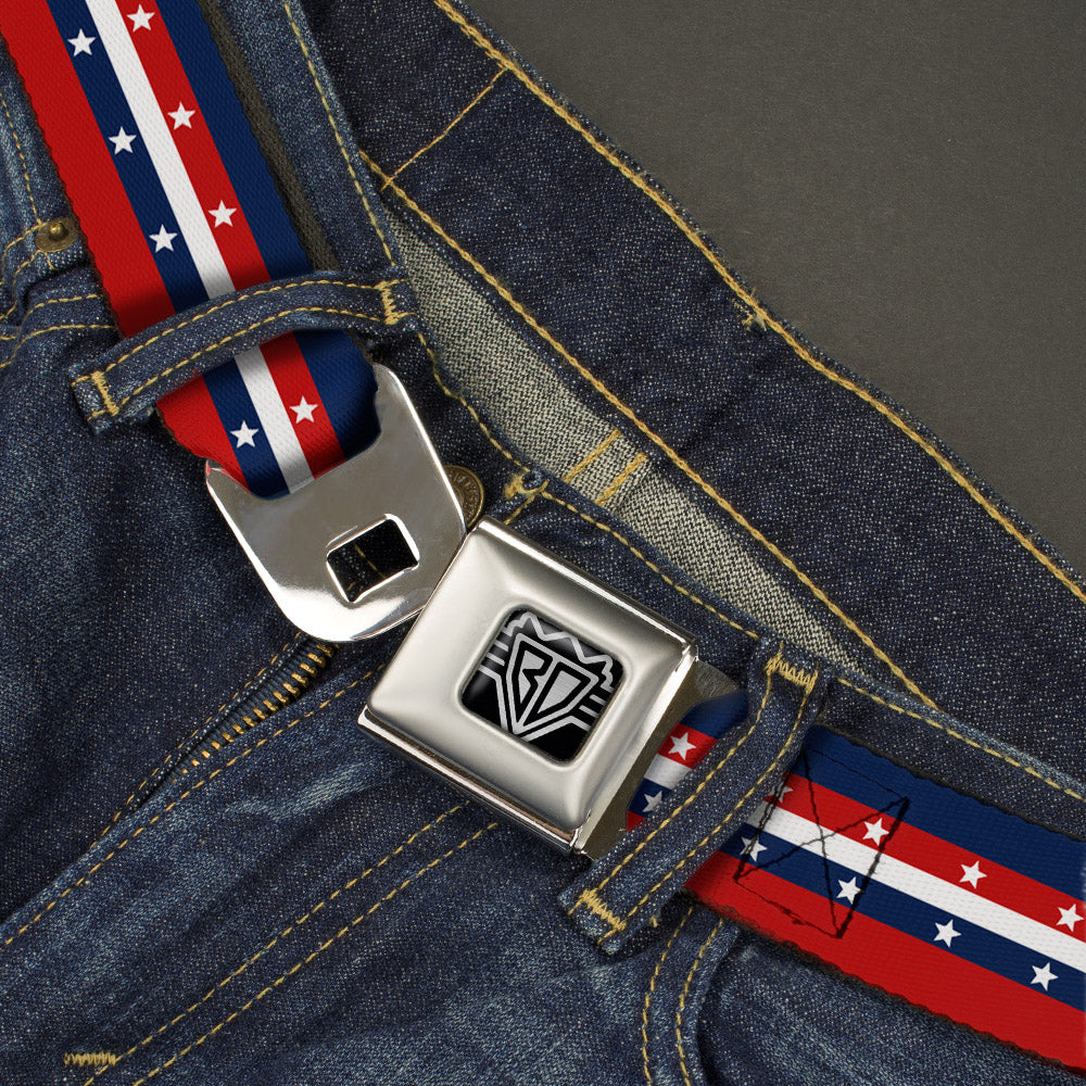 BD Wings Logo CLOSE-UP Full Color Black Silver Seatbelt Belt - Americana Stripe w/Stars Blue/Red/White Webbing Seatbelt Belts Buckle-Down