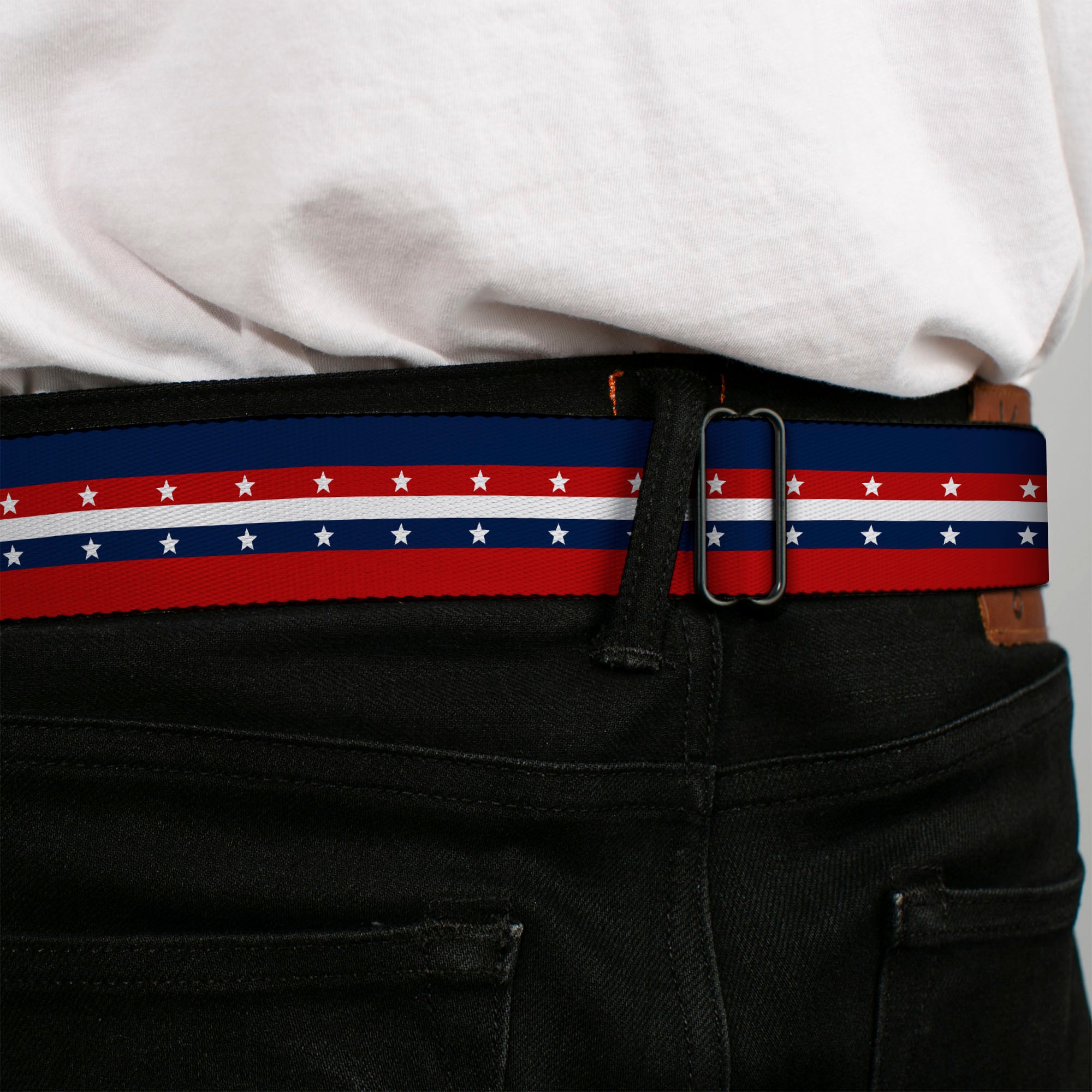 BD Wings Logo CLOSE-UP Full Color Black Silver Seatbelt Belt - Americana Stripe w/Stars Blue/Red/White Webbing Seatbelt Belts Buckle-Down