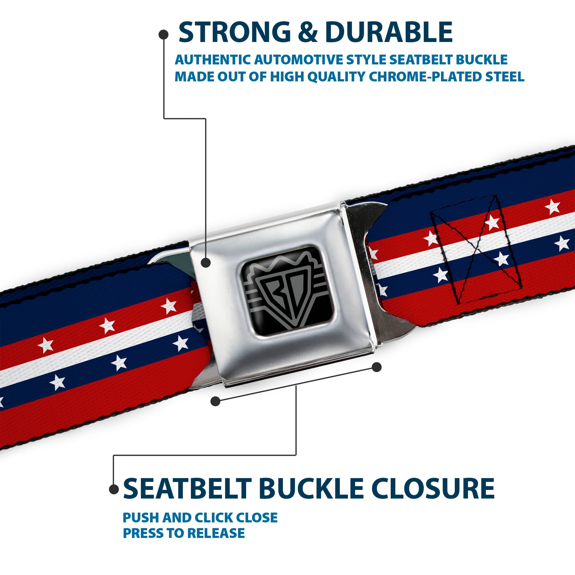 BD Wings Logo CLOSE-UP Full Color Black Silver Seatbelt Belt - Americana Stripe w/Stars Blue/Red/White Webbing Seatbelt Belts Buckle-Down