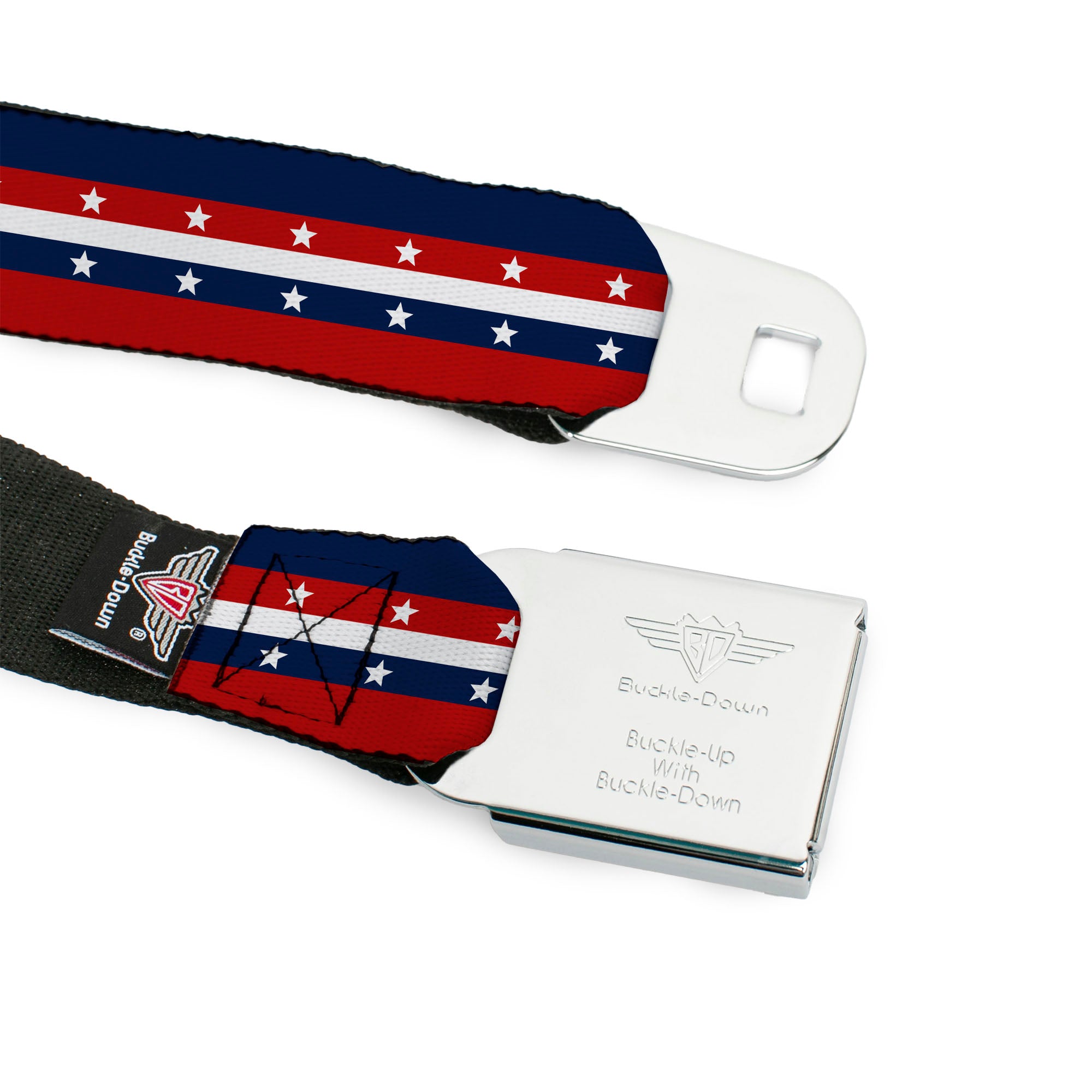 BD Wings Logo CLOSE-UP Full Color Black Silver Seatbelt Belt - Americana Stripe w/Stars Blue/Red/White Webbing Seatbelt Belts Buckle-Down