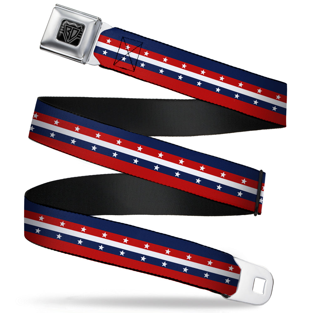 BD Wings Logo CLOSE-UP Full Color Black Silver Seatbelt Belt - Americana Stripe w/Stars Blue/Red/White Webbing Seatbelt Belts Buckle-Down