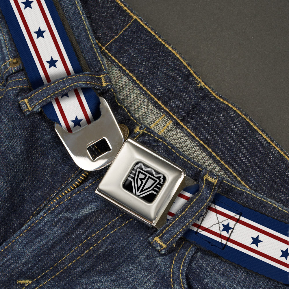 BD Wings Logo CLOSE-UP Full Color Black Silver Seatbelt Belt - Americana Stars & Stripes 6 Blue/White/Red Webbing Seatbelt Belts Buckle-Down