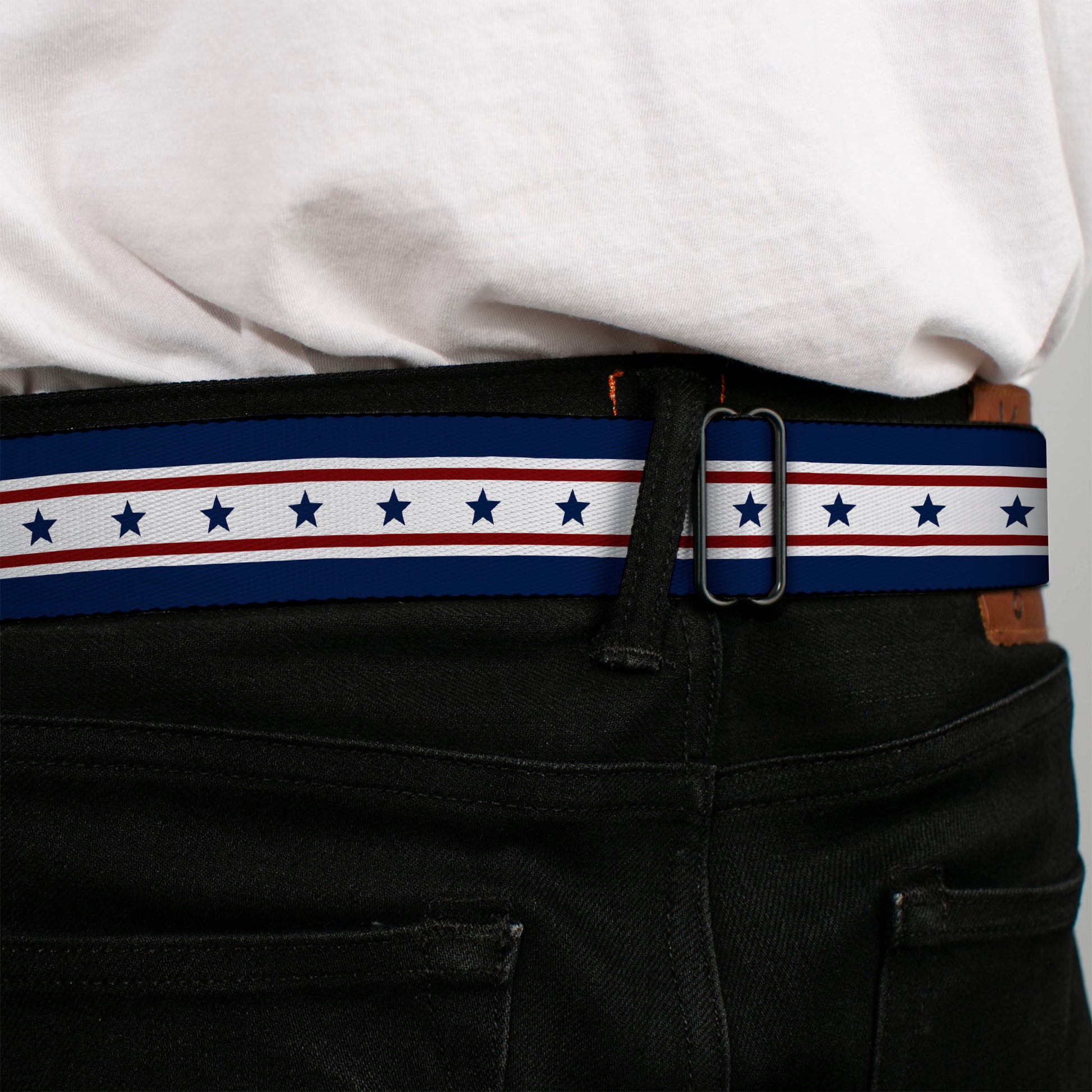 BD Wings Logo CLOSE-UP Full Color Black Silver Seatbelt Belt - Americana Stars & Stripes 6 Blue/White/Red Webbing Seatbelt Belts Buckle-Down