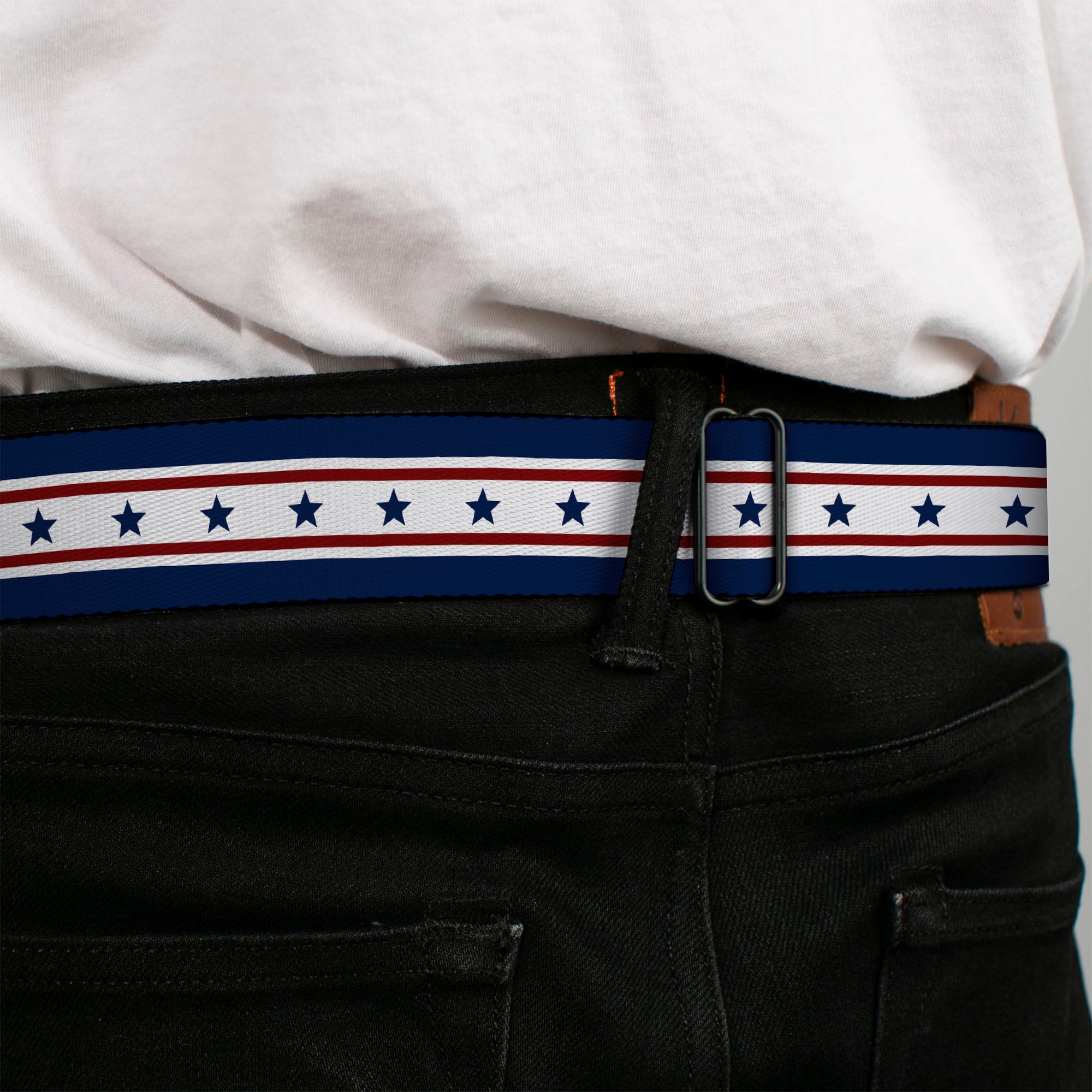 BD Wings Logo CLOSE-UP Full Color Black Silver Seatbelt Belt - Americana Stars & Stripes 6 Blue/White/Red Webbing Seatbelt Belts Buckle-Down