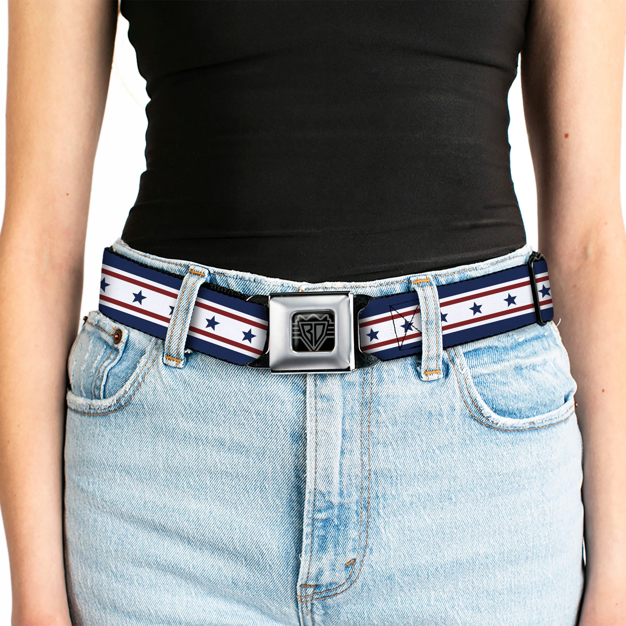 BD Wings Logo CLOSE-UP Full Color Black Silver Seatbelt Belt - Americana Stars & Stripes 6 Blue/White/Red Webbing Seatbelt Belts Buckle-Down