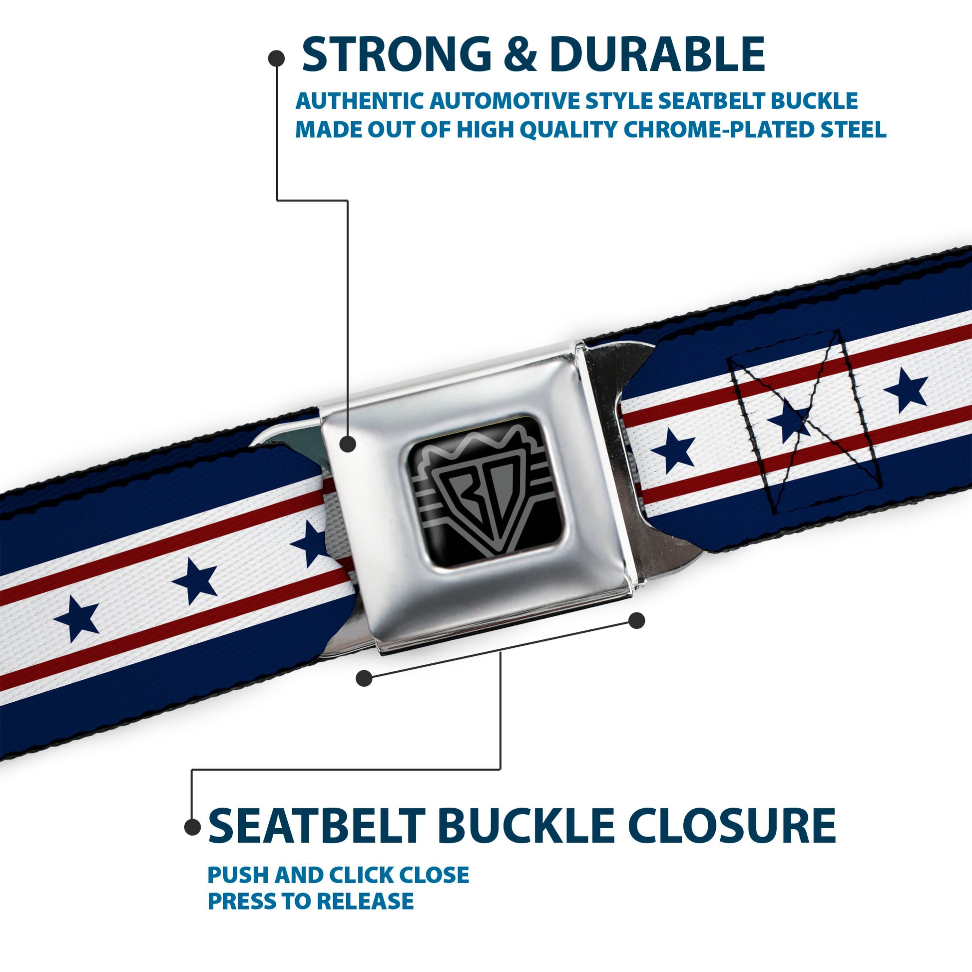 BD Wings Logo CLOSE-UP Full Color Black Silver Seatbelt Belt - Americana Stars & Stripes 6 Blue/White/Red Webbing Seatbelt Belts Buckle-Down