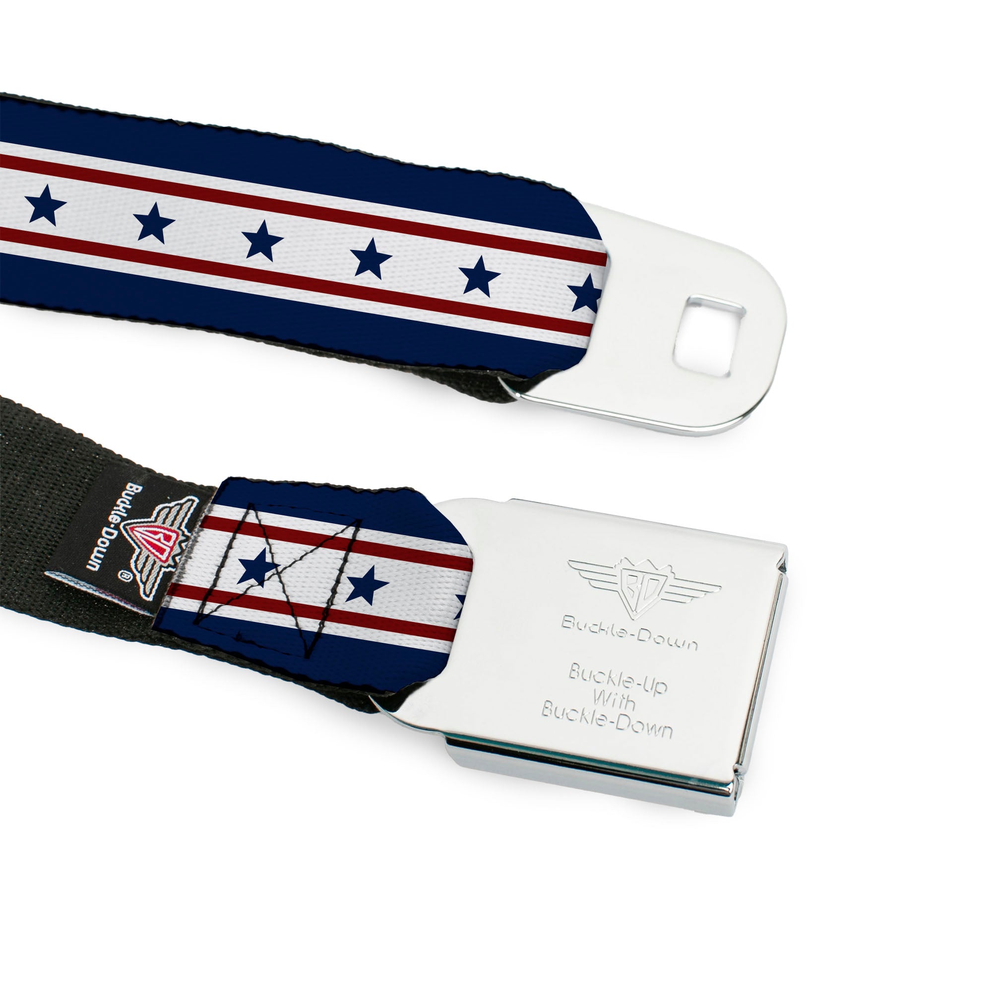 BD Wings Logo CLOSE-UP Full Color Black Silver Seatbelt Belt - Americana Stars & Stripes 6 Blue/White/Red Webbing Seatbelt Belts Buckle-Down
