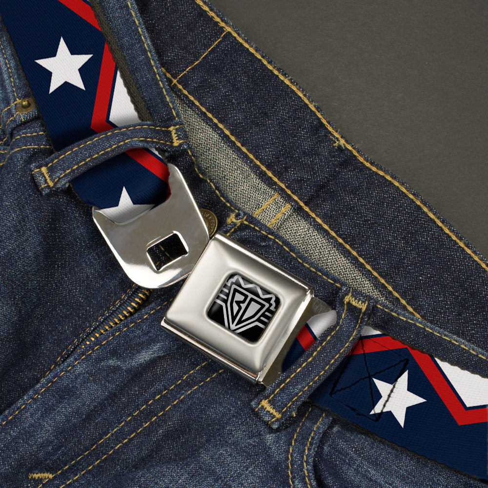 BD Wings Logo CLOSE-UP Full Color Black Silver Seatbelt Belt - American Chevron & Stripes White/Red/Blue Webbing Seatbelt Belts Buckle-Down