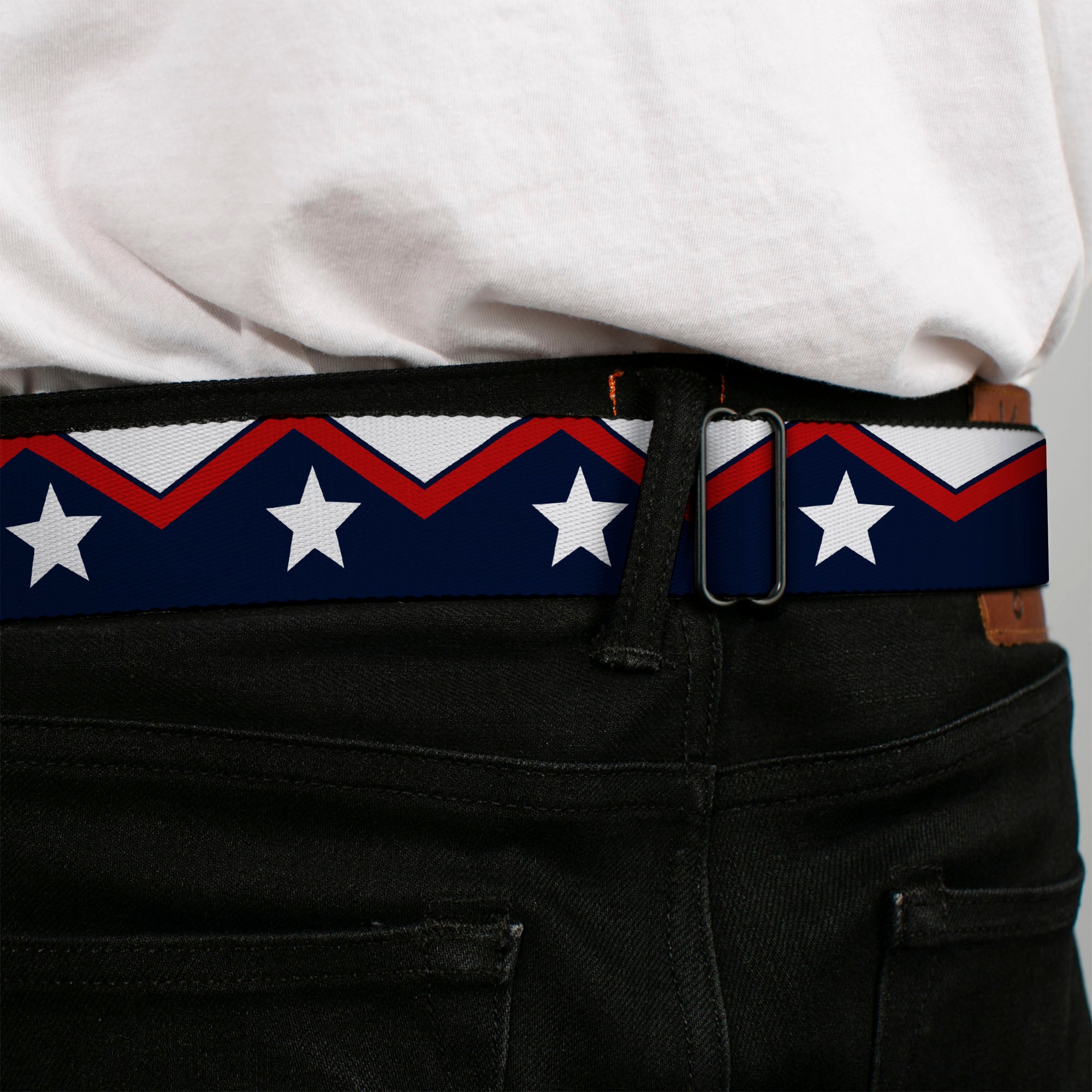 BD Wings Logo CLOSE-UP Full Color Black Silver Seatbelt Belt - American Chevron & Stripes White/Red/Blue Webbing Seatbelt Belts Buckle-Down