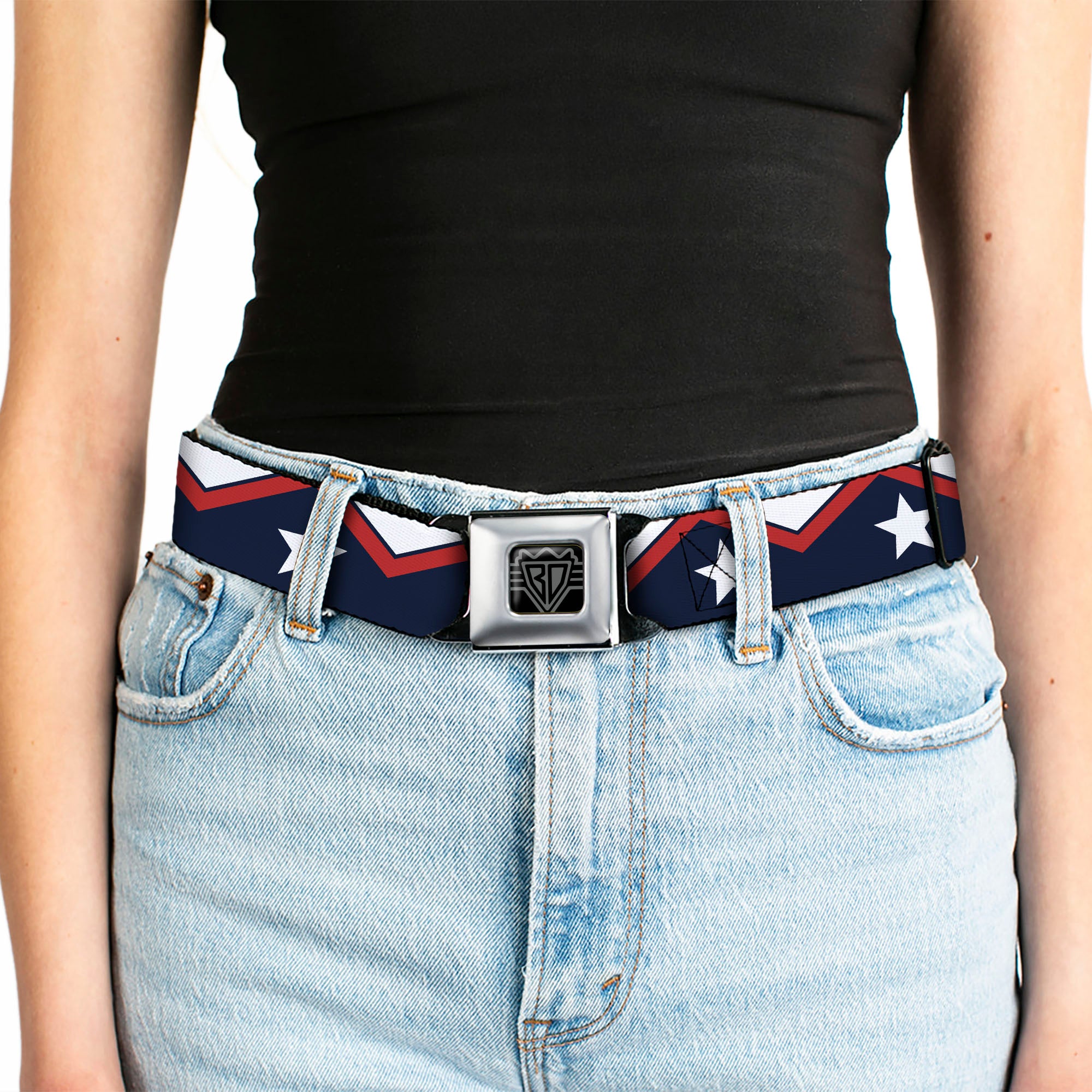 BD Wings Logo CLOSE-UP Full Color Black Silver Seatbelt Belt - American Chevron & Stripes White/Red/Blue Webbing Seatbelt Belts Buckle-Down