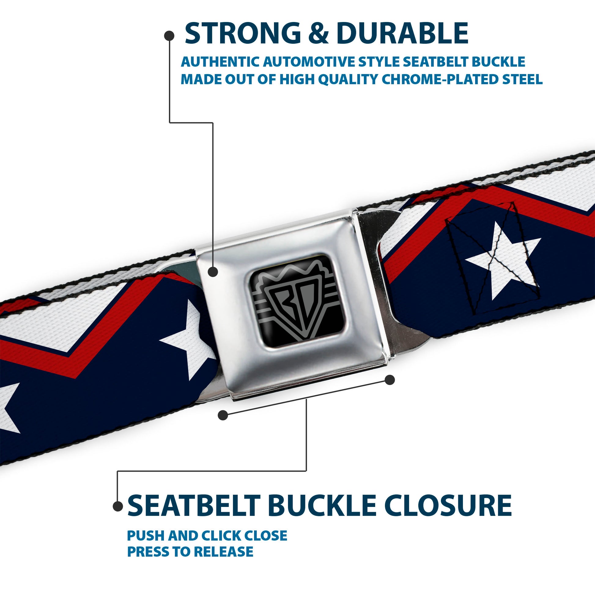 BD Wings Logo CLOSE-UP Full Color Black Silver Seatbelt Belt - American Chevron & Stripes White/Red/Blue Webbing Seatbelt Belts Buckle-Down
