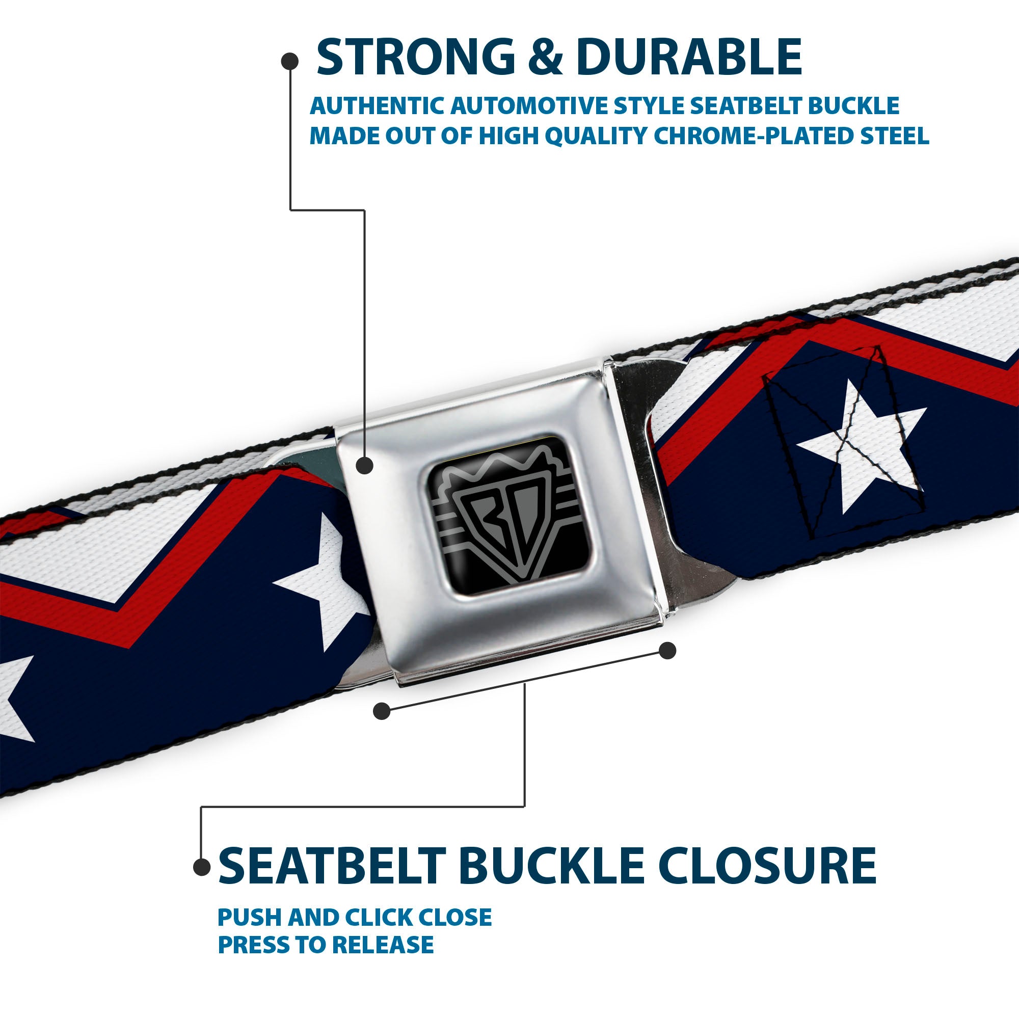 BD Wings Logo CLOSE-UP Full Color Black Silver Seatbelt Belt - American Chevron & Stripes White/Red/Blue Webbing Seatbelt Belts Buckle-Down