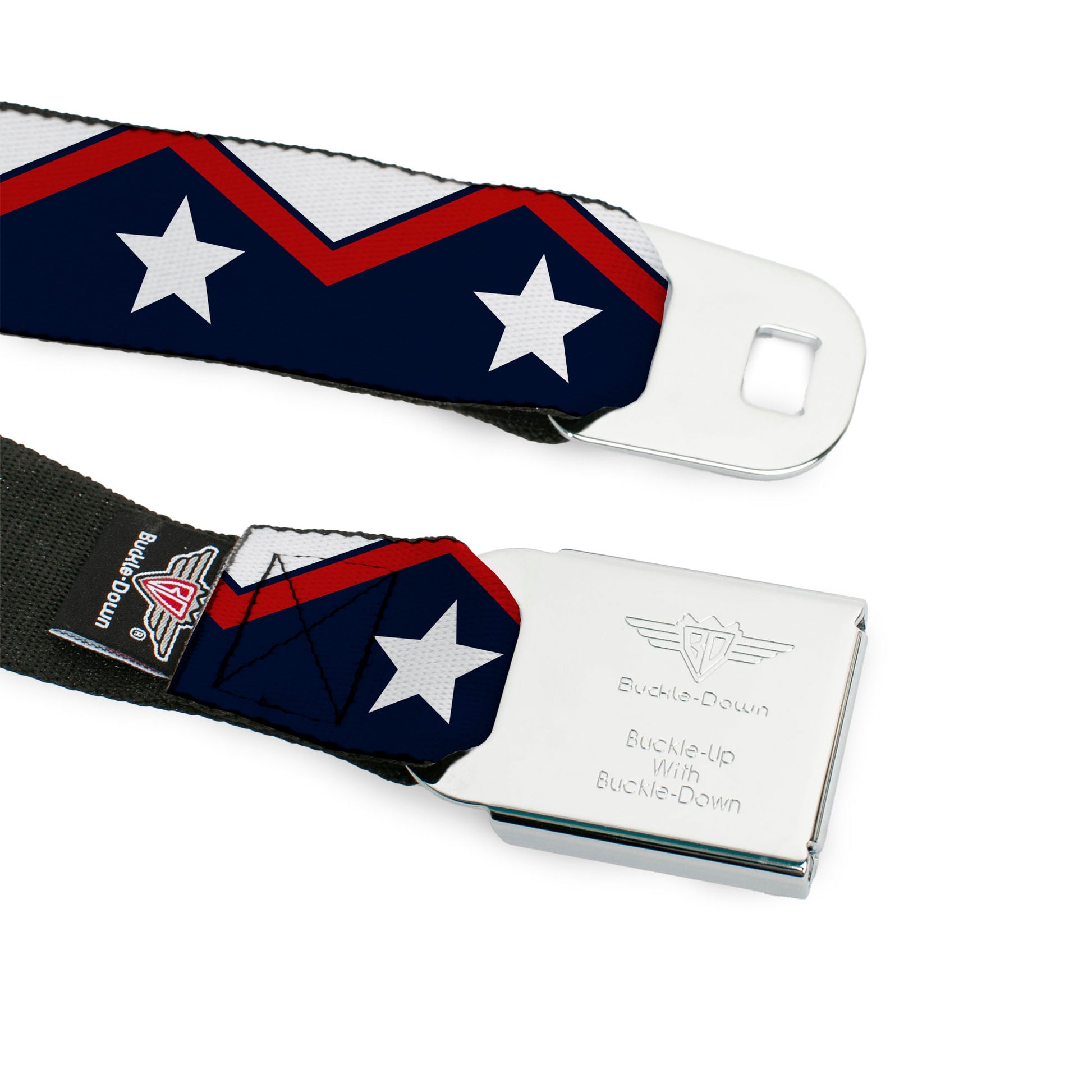 BD Wings Logo CLOSE-UP Full Color Black Silver Seatbelt Belt - American Chevron & Stripes White/Red/Blue Webbing Seatbelt Belts Buckle-Down