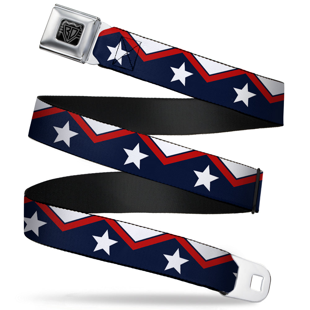 BD Wings Logo CLOSE-UP Full Color Black Silver Seatbelt Belt - American Chevron & Stripes White/Red/Blue Webbing Seatbelt Belts Buckle-Down