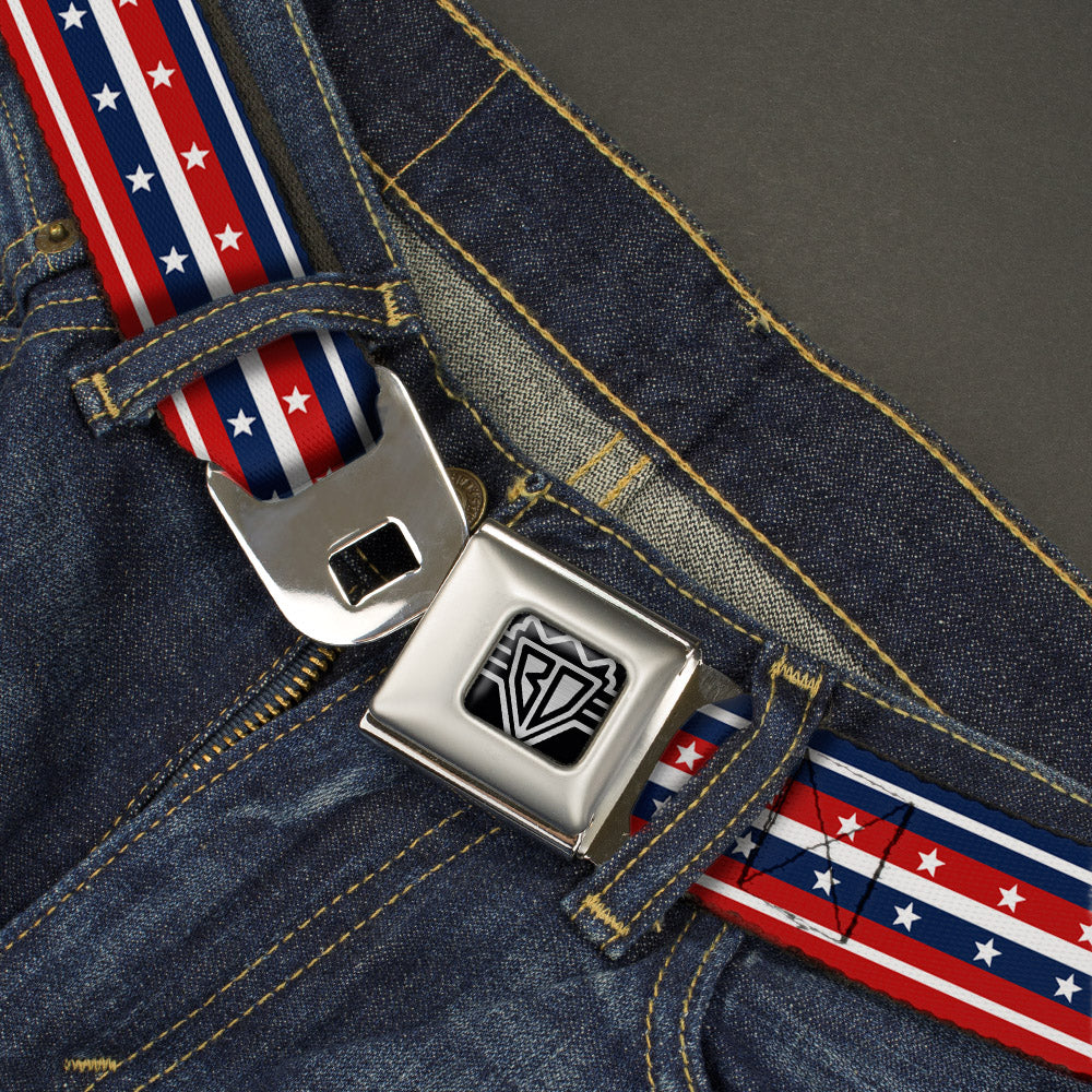 BD Wings Logo CLOSE-UP Full Color Black Silver Seatbelt Belt - Americana Stripe w/Stars2 Blue/Red/White Webbing Seatbelt Belts Buckle-Down