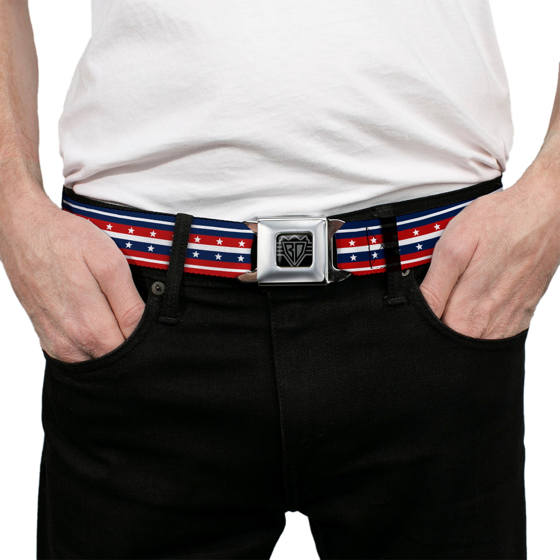 BD Wings Logo CLOSE-UP Full Color Black Silver Seatbelt Belt - Americana Stripe w/Stars2 Blue/Red/White Webbing Seatbelt Belts Buckle-Down