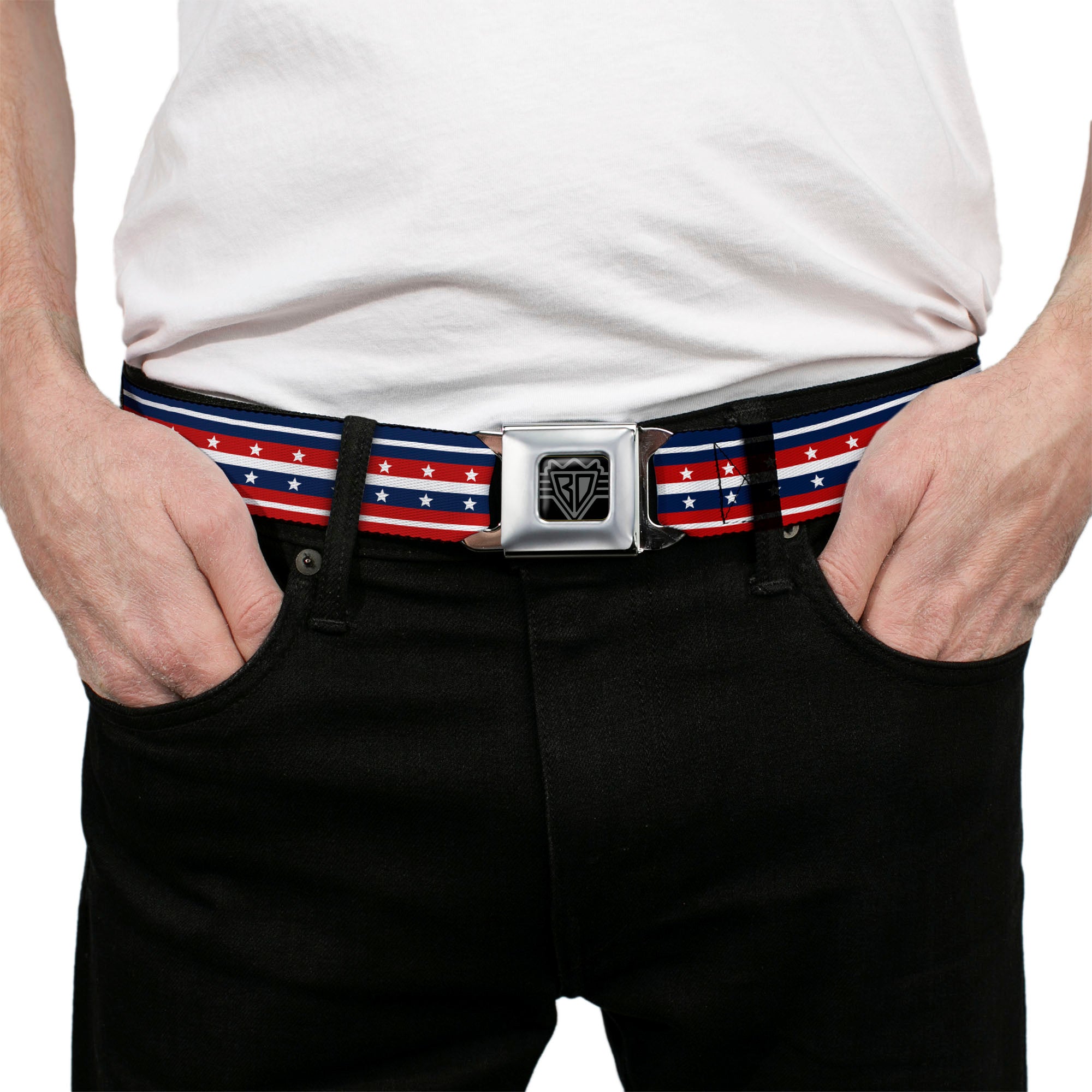 BD Wings Logo CLOSE-UP Full Color Black Silver Seatbelt Belt - Americana Stripe w/Stars2 Blue/Red/White Webbing Seatbelt Belts Buckle-Down