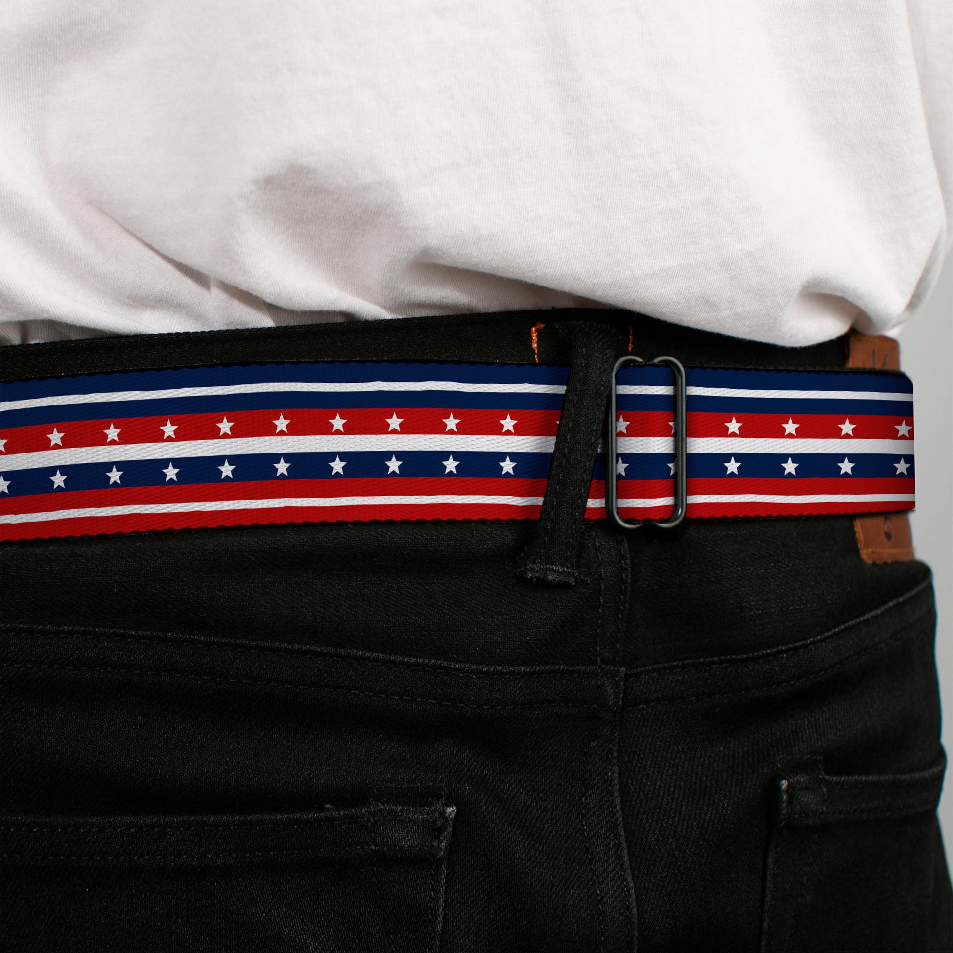 BD Wings Logo CLOSE-UP Full Color Black Silver Seatbelt Belt - Americana Stripe w/Stars2 Blue/Red/White Webbing Seatbelt Belts Buckle-Down