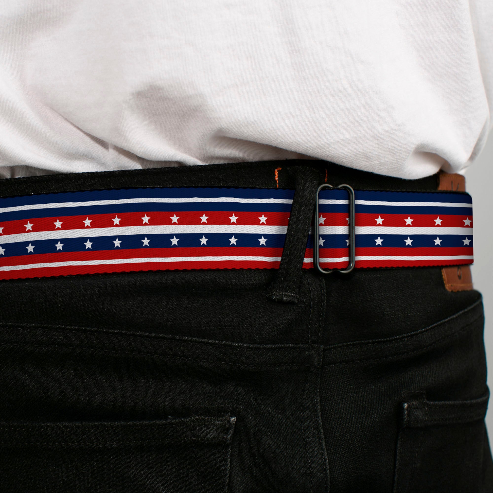 BD Wings Logo CLOSE-UP Full Color Black Silver Seatbelt Belt - Americana Stripe w/Stars2 Blue/Red/White Webbing Seatbelt Belts Buckle-Down