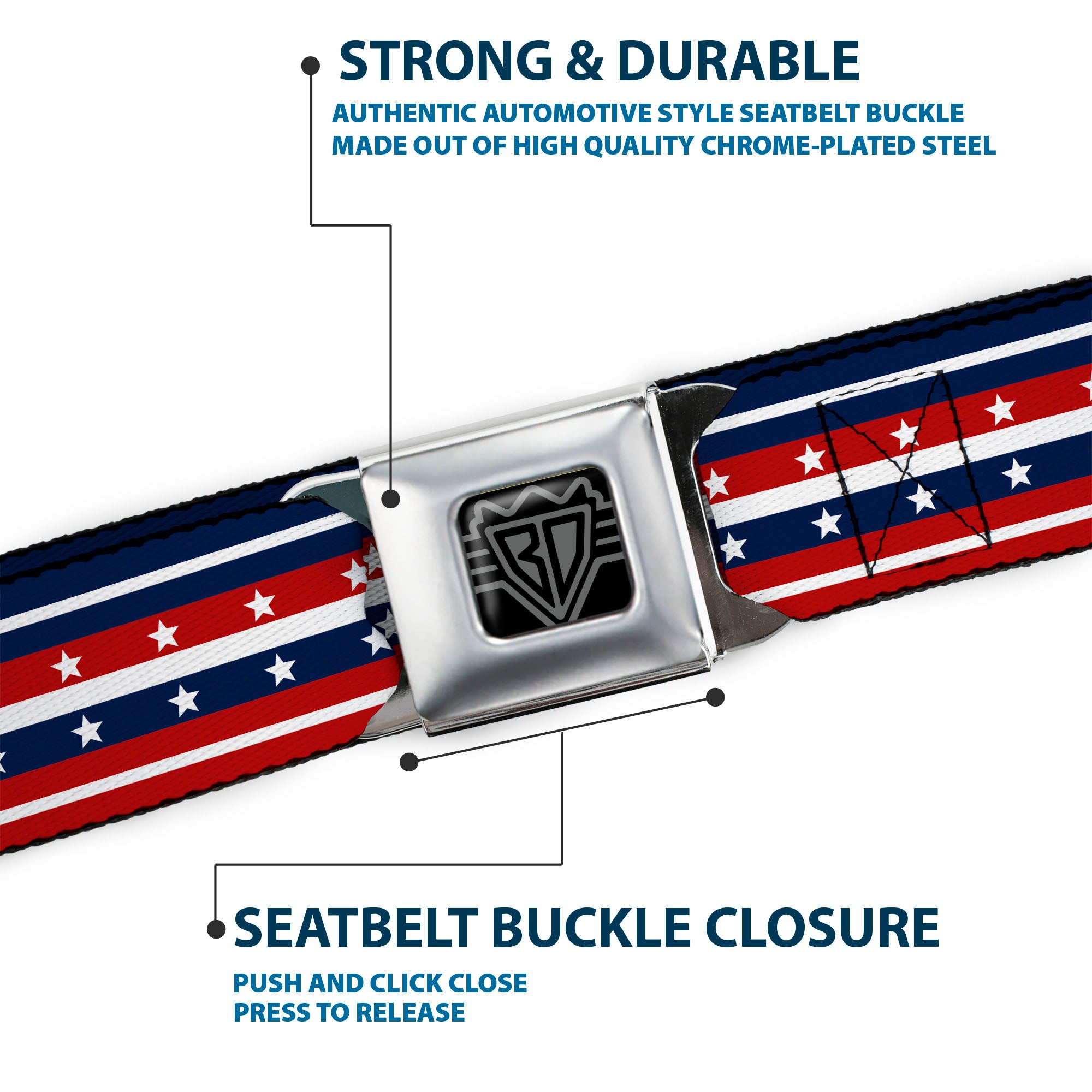 BD Wings Logo CLOSE-UP Full Color Black Silver Seatbelt Belt - Americana Stripe w/Stars2 Blue/Red/White Webbing Seatbelt Belts Buckle-Down