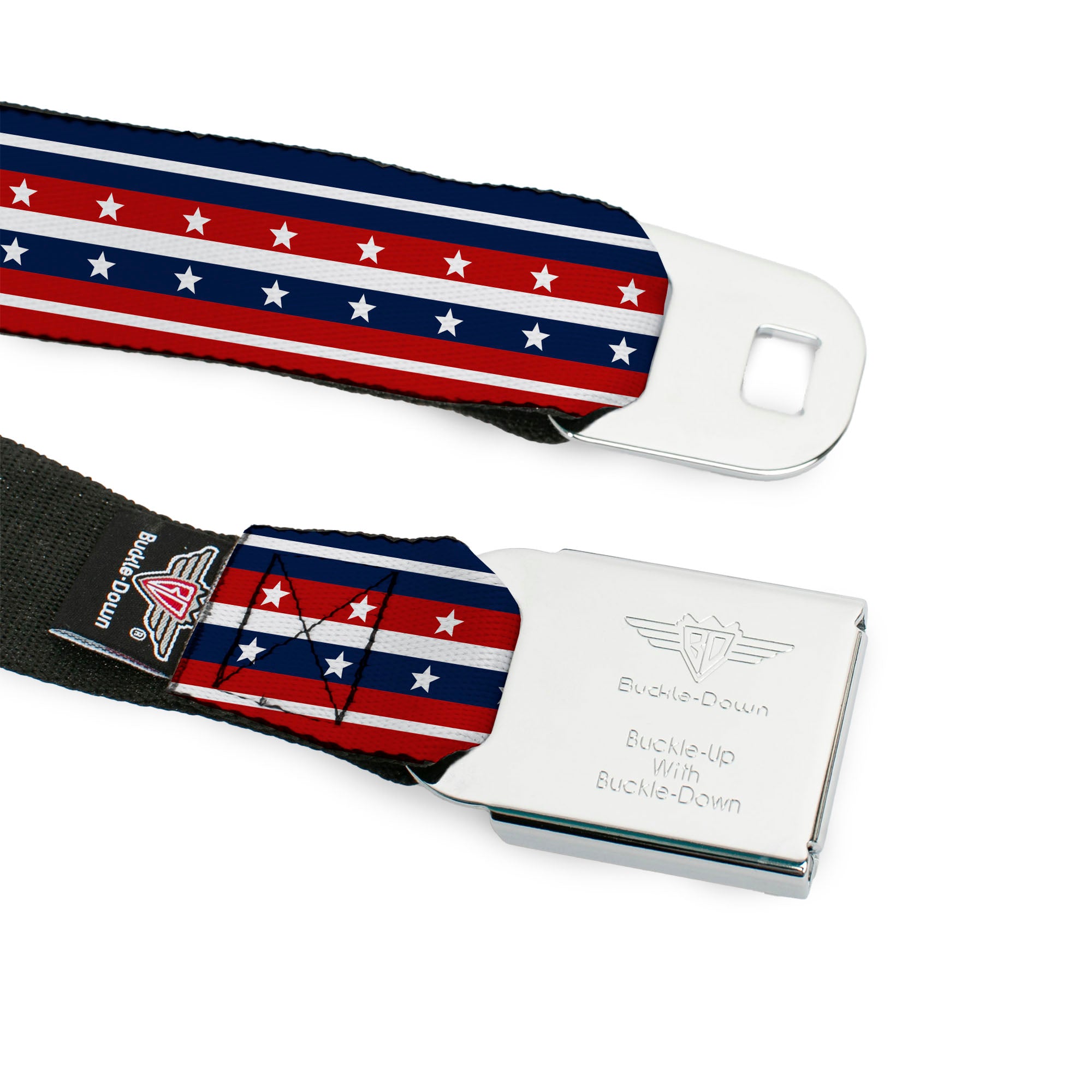 BD Wings Logo CLOSE-UP Full Color Black Silver Seatbelt Belt - Americana Stripe w/Stars2 Blue/Red/White Webbing Seatbelt Belts Buckle-Down