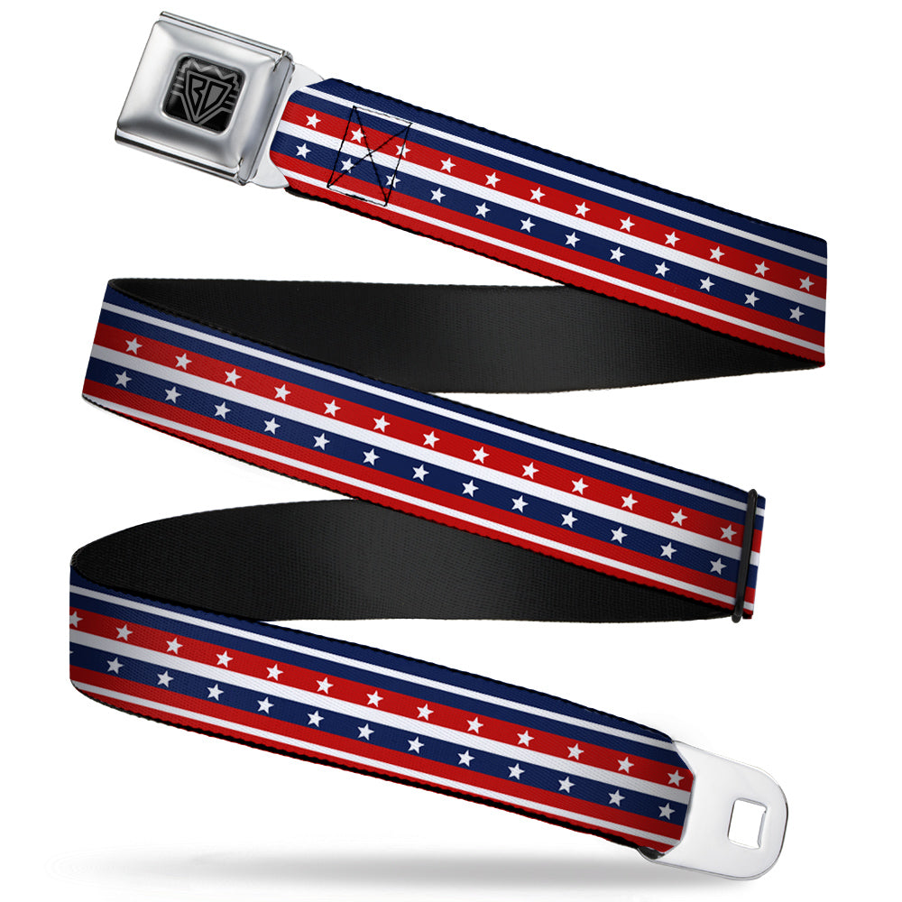 BD Wings Logo CLOSE-UP Full Color Black Silver Seatbelt Belt - Americana Stripe w/Stars2 Blue/Red/White Webbing Seatbelt Belts Buckle-Down