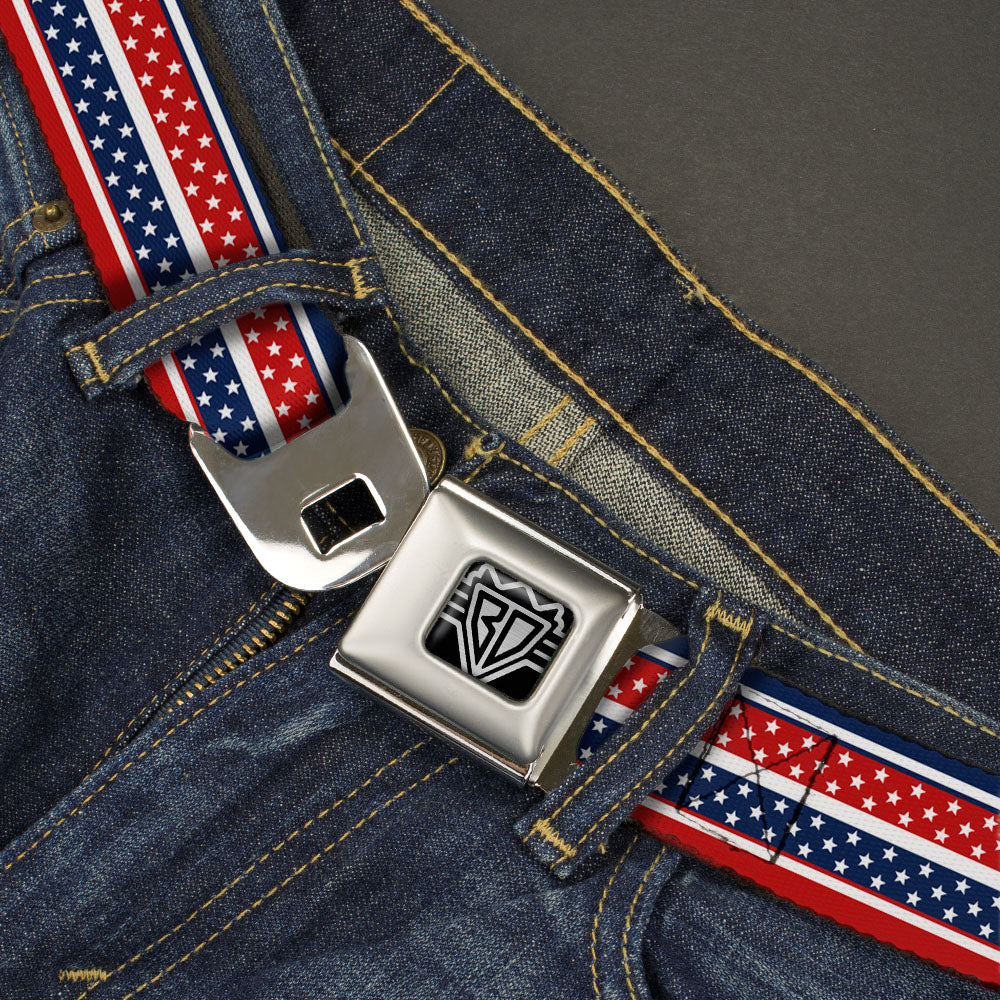BD Wings Logo CLOSE-UP Full Color Black Silver Seatbelt Belt - Americana Stripe w/Mini Stars Blue/Red/White Webbing Seatbelt Belts Buckle-Down