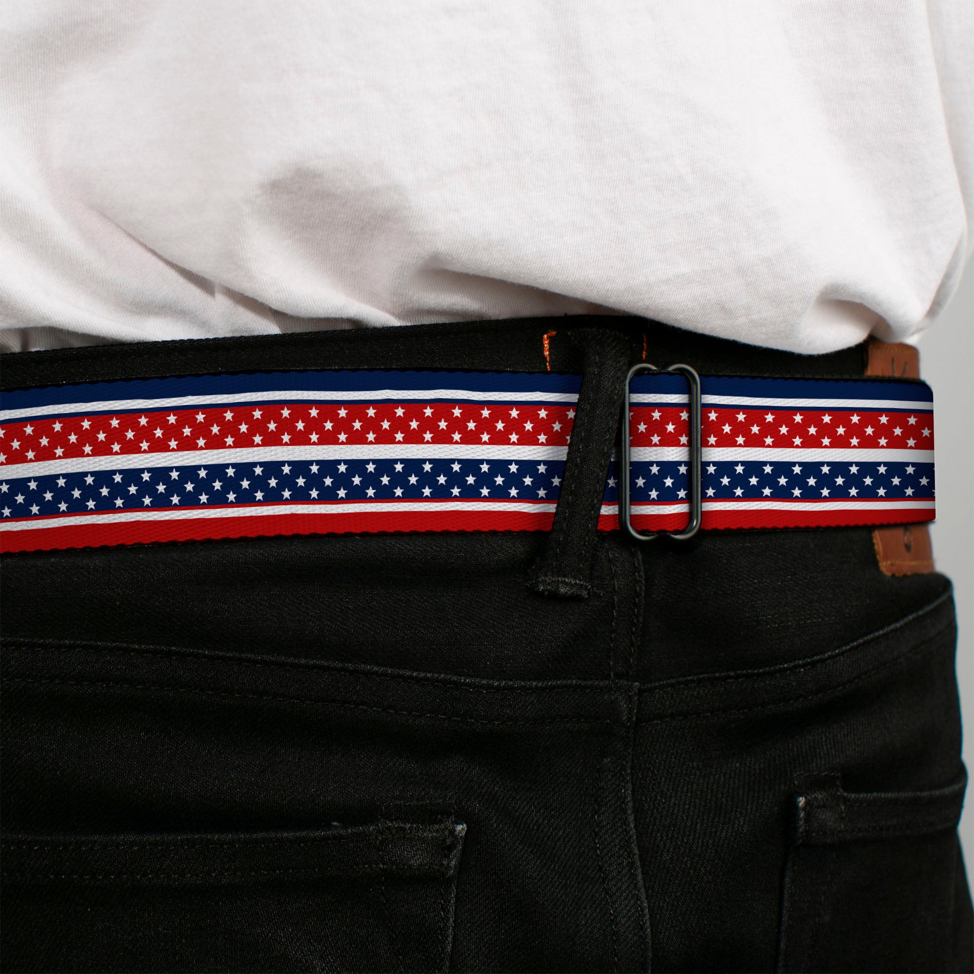 BD Wings Logo CLOSE-UP Full Color Black Silver Seatbelt Belt - Americana Stripe w/Mini Stars Blue/Red/White Webbing Seatbelt Belts Buckle-Down