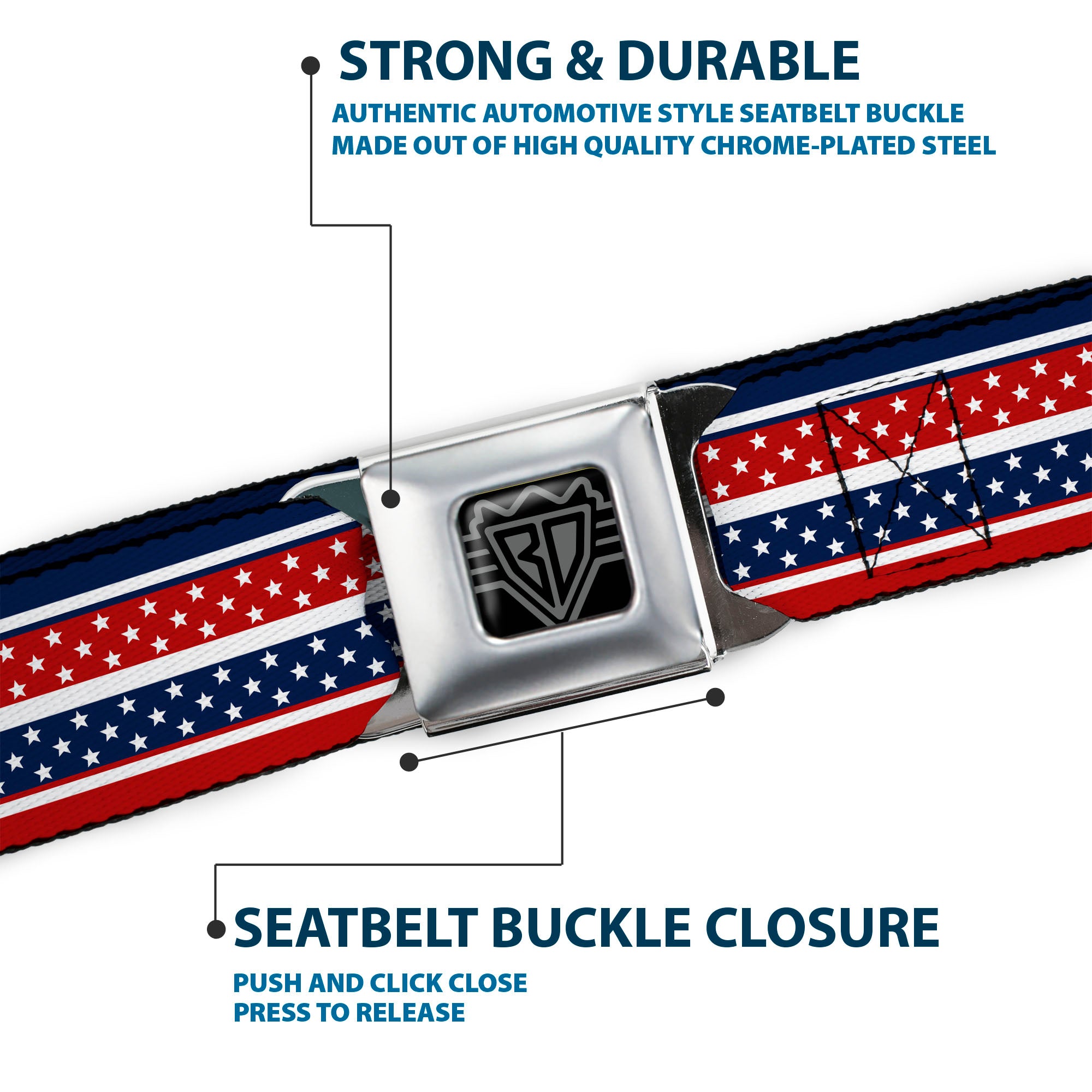 BD Wings Logo CLOSE-UP Full Color Black Silver Seatbelt Belt - Americana Stripe w/Mini Stars Blue/Red/White Webbing Seatbelt Belts Buckle-Down