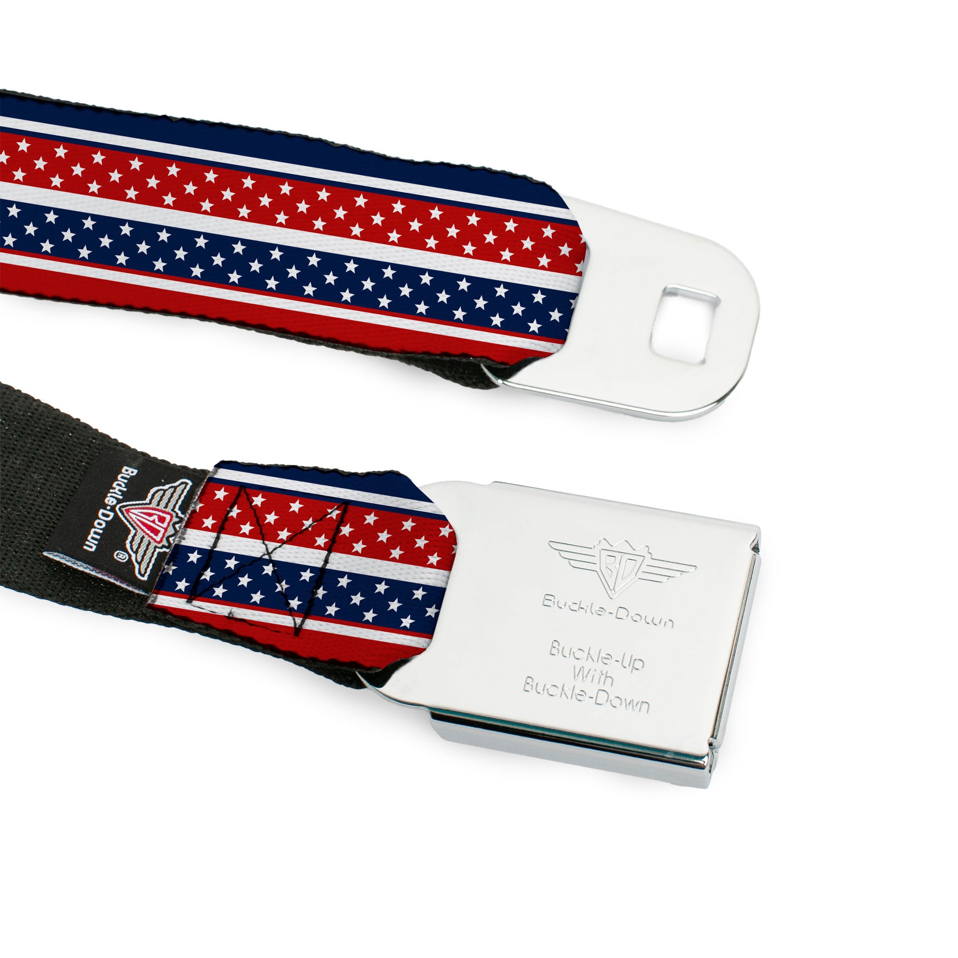 BD Wings Logo CLOSE-UP Full Color Black Silver Seatbelt Belt - Americana Stripe w/Mini Stars Blue/Red/White Webbing Seatbelt Belts Buckle-Down