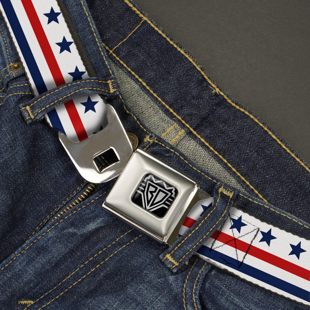 BD Wings Logo CLOSE-UP Full Color Black Silver Seatbelt Belt - Americana Stars & Stripes7 White/Blue/Red Webbing Seatbelt Belts Buckle-Down