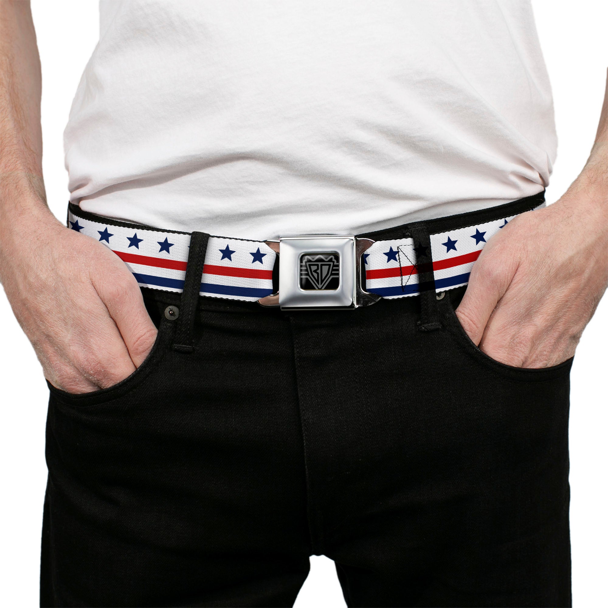 BD Wings Logo CLOSE-UP Full Color Black Silver Seatbelt Belt - Americana Stars & Stripes7 White/Blue/Red Webbing Seatbelt Belts Buckle-Down