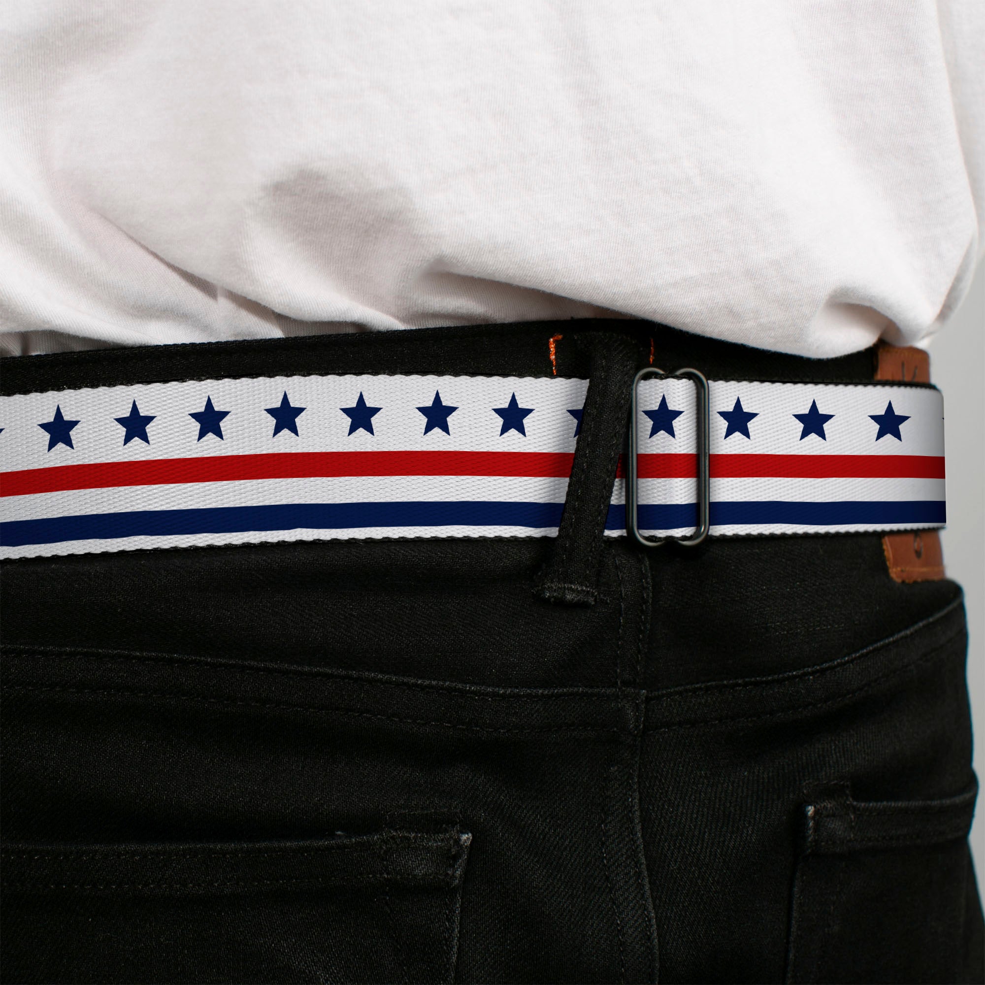 BD Wings Logo CLOSE-UP Full Color Black Silver Seatbelt Belt - Americana Stars & Stripes7 White/Blue/Red Webbing Seatbelt Belts Buckle-Down