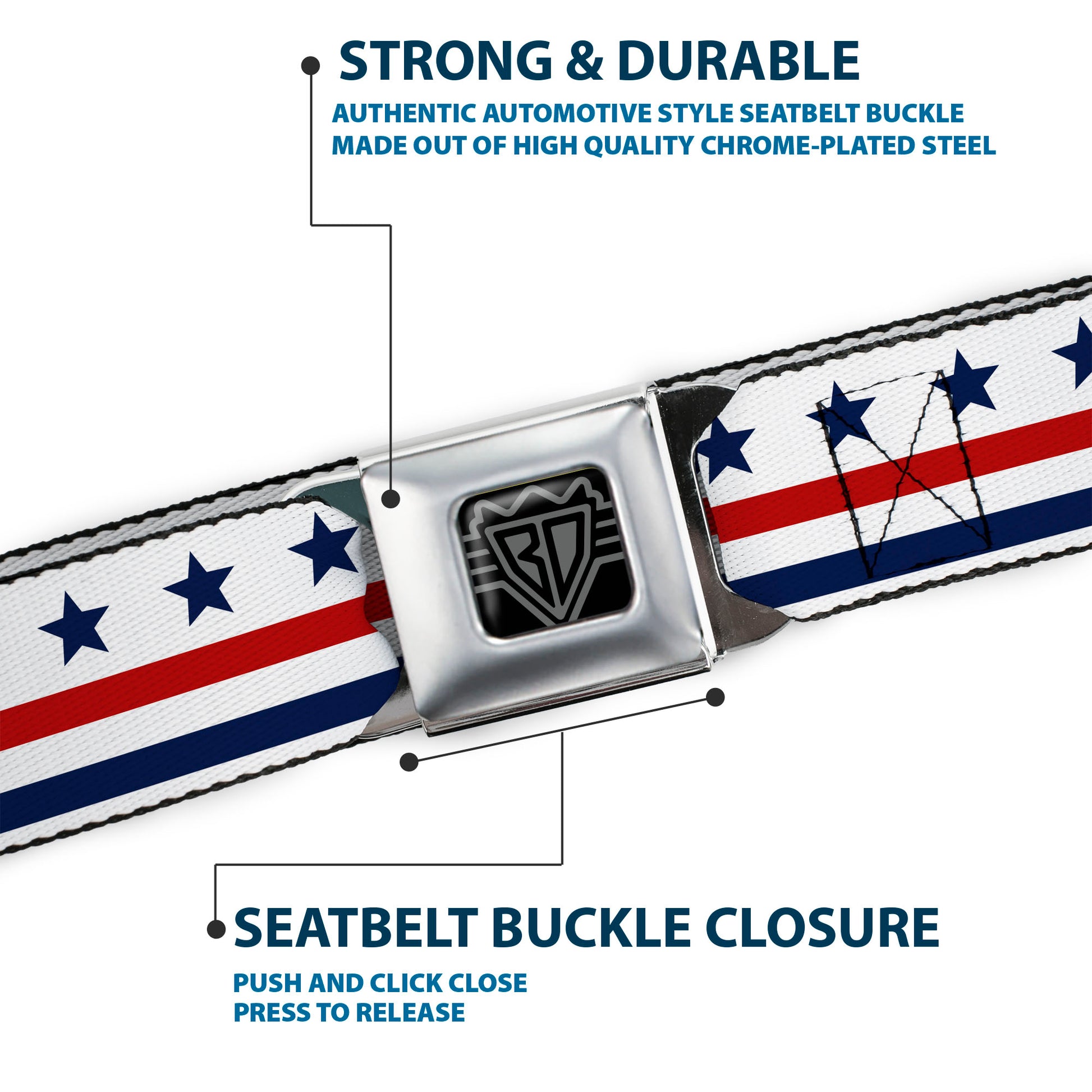 BD Wings Logo CLOSE-UP Full Color Black Silver Seatbelt Belt - Americana Stars & Stripes7 White/Blue/Red Webbing Seatbelt Belts Buckle-Down