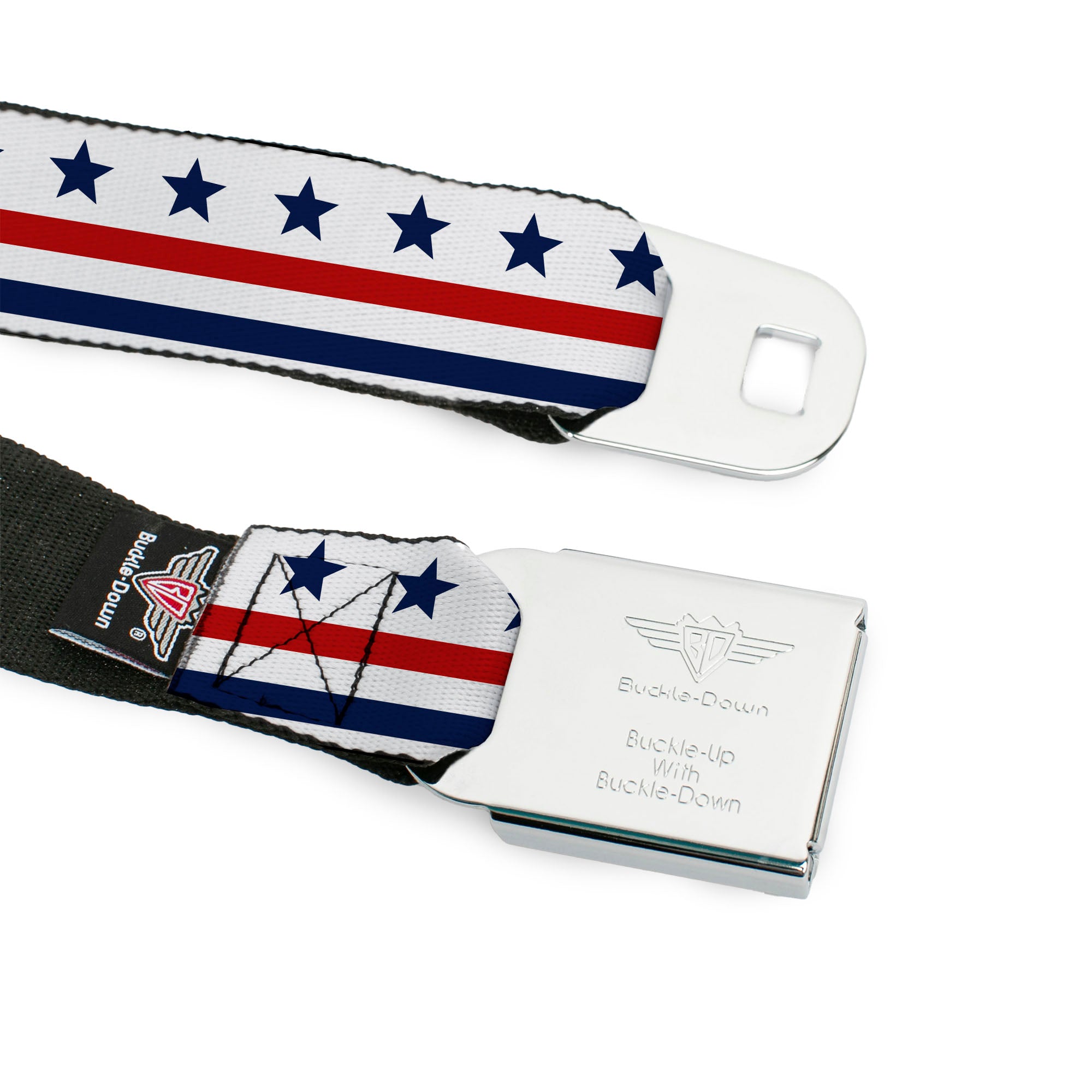 BD Wings Logo CLOSE-UP Full Color Black Silver Seatbelt Belt - Americana Stars & Stripes7 White/Blue/Red Webbing Seatbelt Belts Buckle-Down