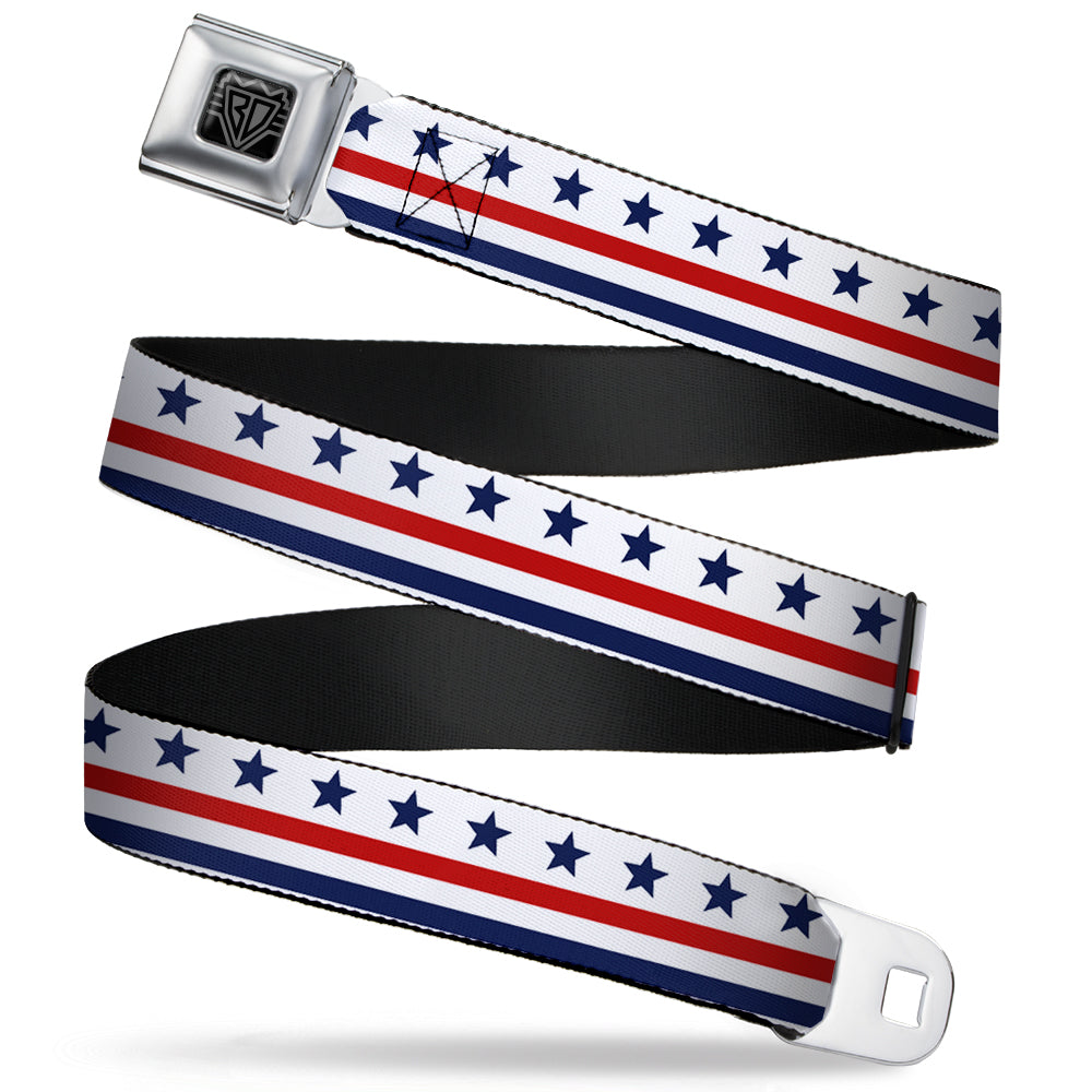 BD Wings Logo CLOSE-UP Full Color Black Silver Seatbelt Belt - Americana Stars & Stripes7 White/Blue/Red Webbing Seatbelt Belts Buckle-Down