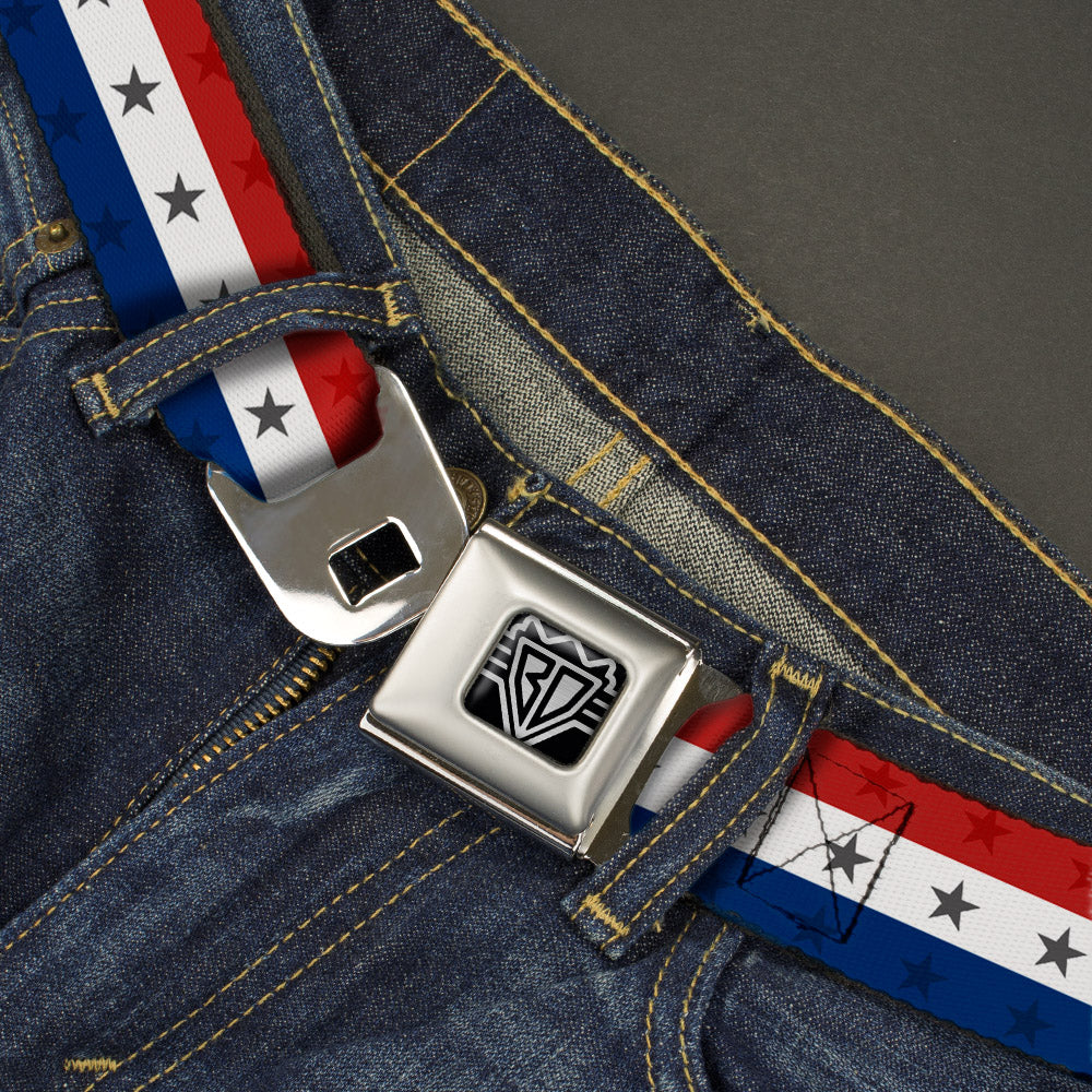 BD Wings Logo CLOSE-UP Full Color Black Silver Seatbelt Belt - Americana Star Stripes Red/White/Blue Webbing Seatbelt Belts Buckle-Down
