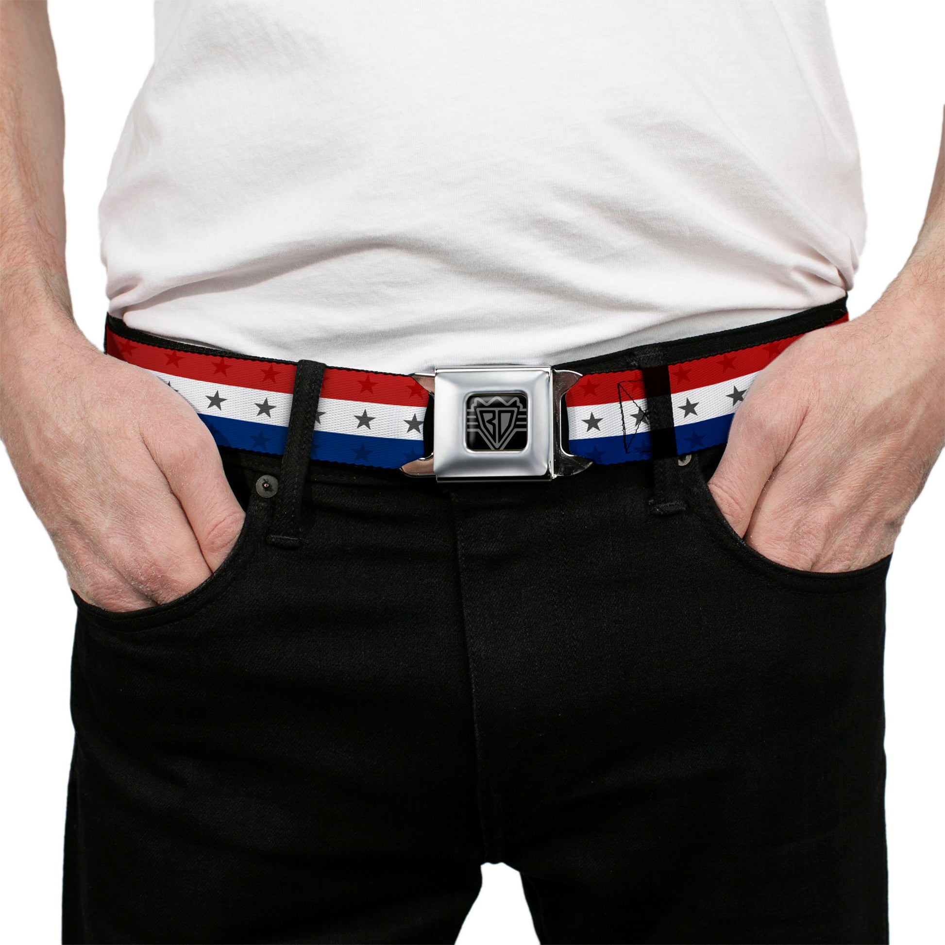 BD Wings Logo CLOSE-UP Full Color Black Silver Seatbelt Belt - Americana Star Stripes Red/White/Blue Webbing Seatbelt Belts Buckle-Down