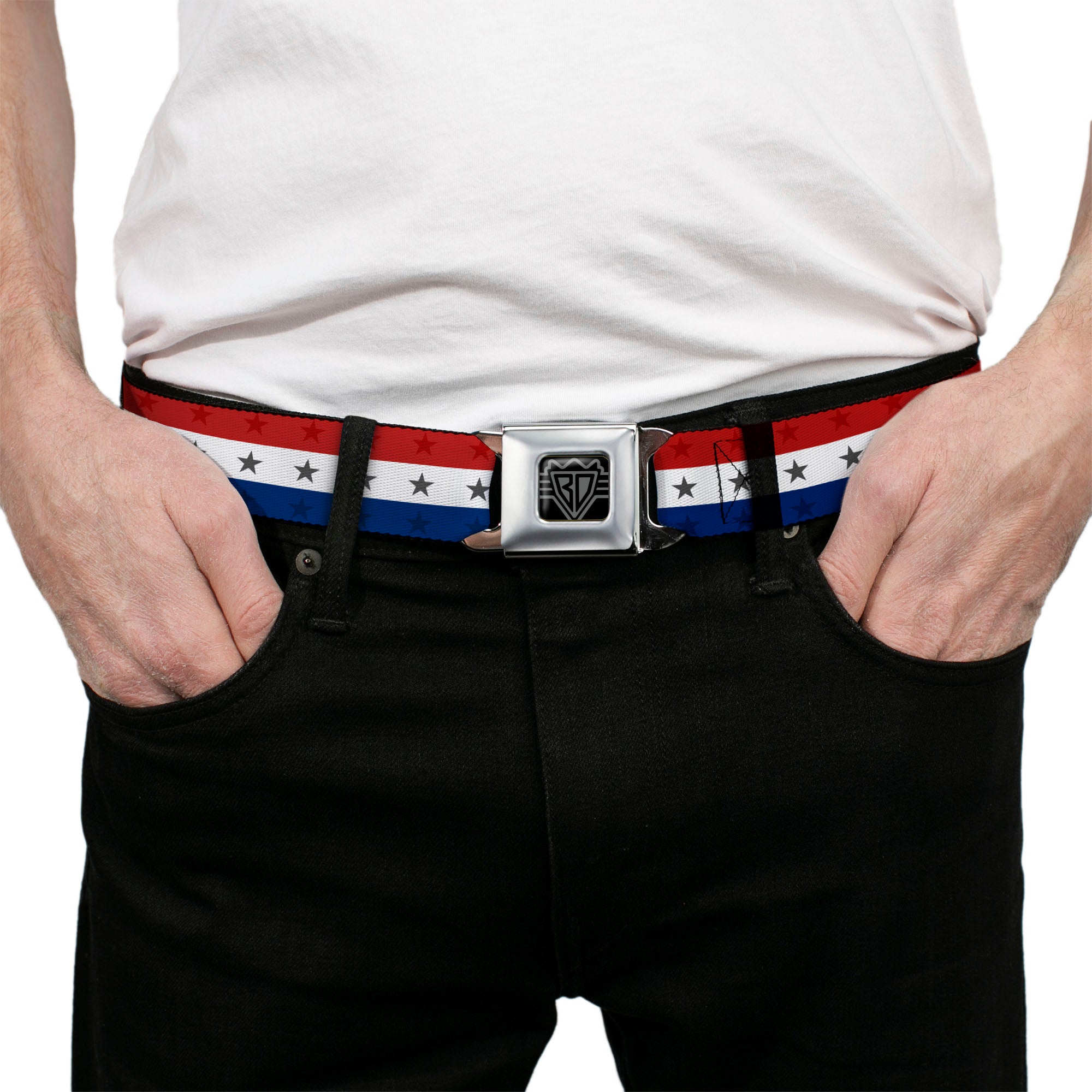 BD Wings Logo CLOSE-UP Full Color Black Silver Seatbelt Belt - Americana Star Stripes Red/White/Blue Webbing Seatbelt Belts Buckle-Down