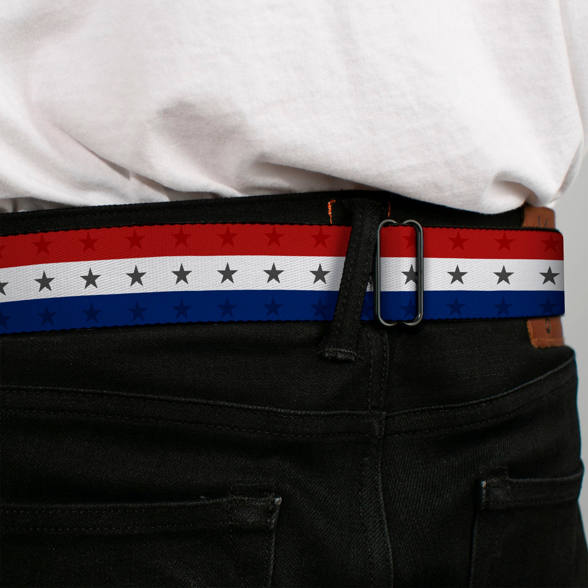 BD Wings Logo CLOSE-UP Full Color Black Silver Seatbelt Belt - Americana Star Stripes Red/White/Blue Webbing Seatbelt Belts Buckle-Down