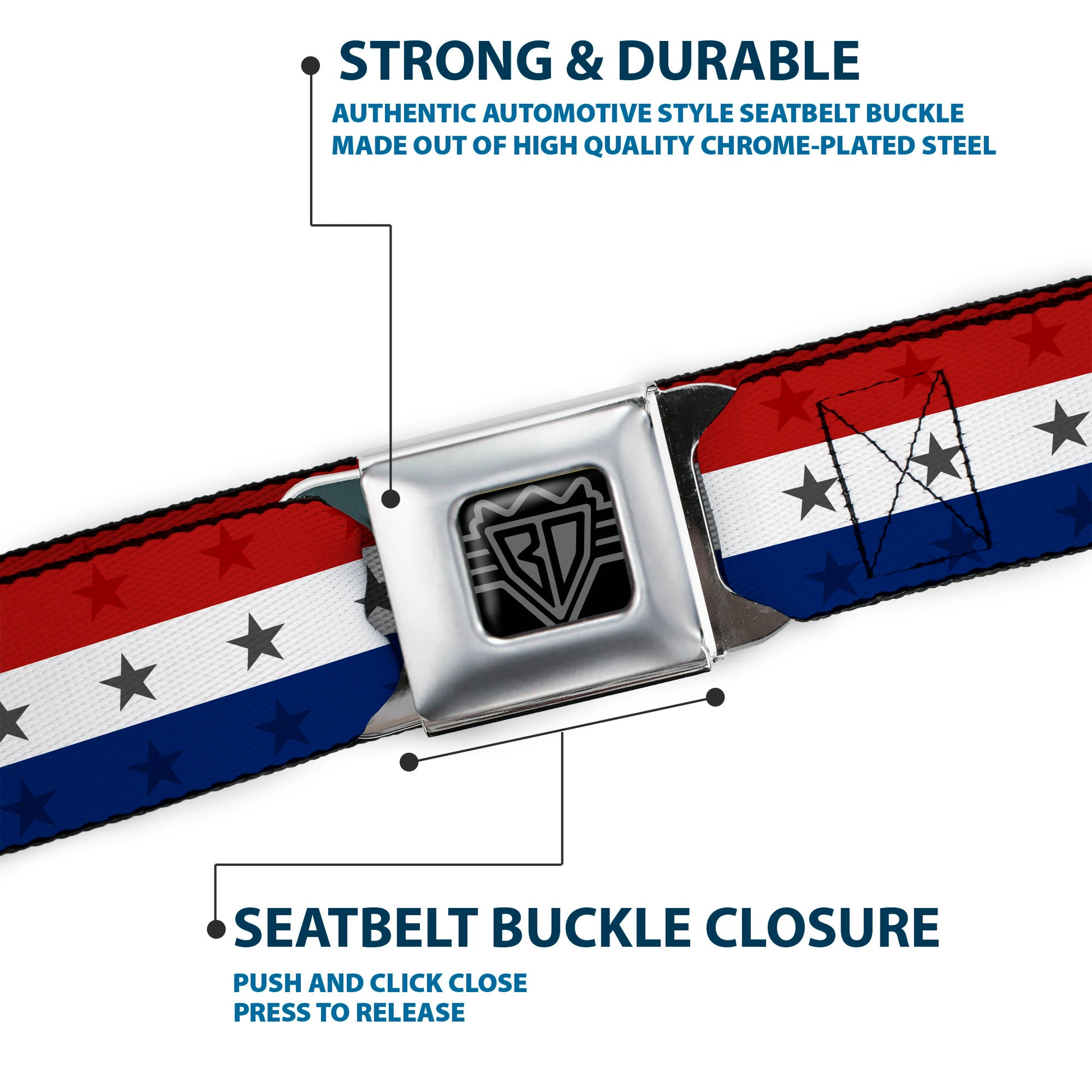 BD Wings Logo CLOSE-UP Full Color Black Silver Seatbelt Belt - Americana Star Stripes Red/White/Blue Webbing Seatbelt Belts Buckle-Down