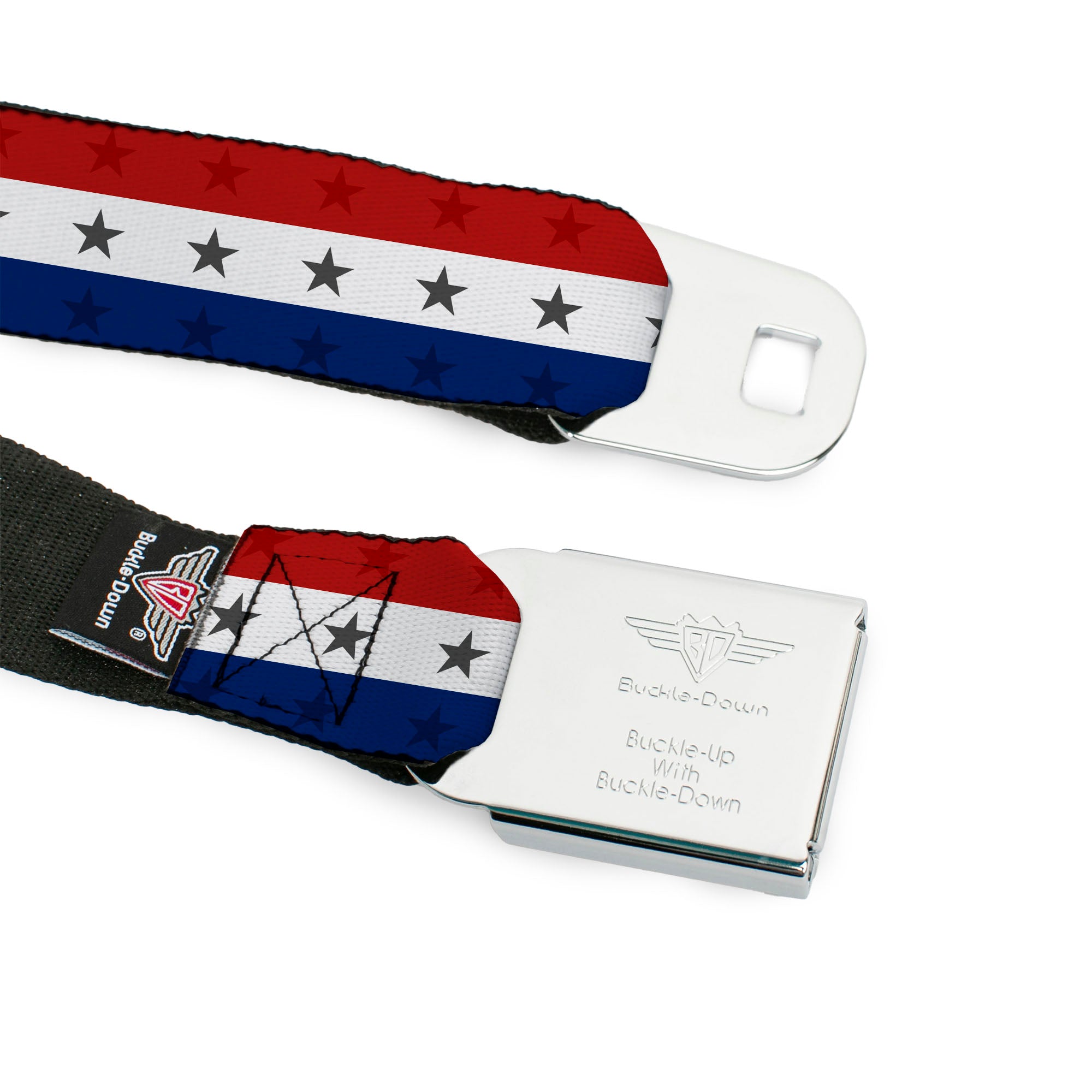 BD Wings Logo CLOSE-UP Full Color Black Silver Seatbelt Belt - Americana Star Stripes Red/White/Blue Webbing Seatbelt Belts Buckle-Down