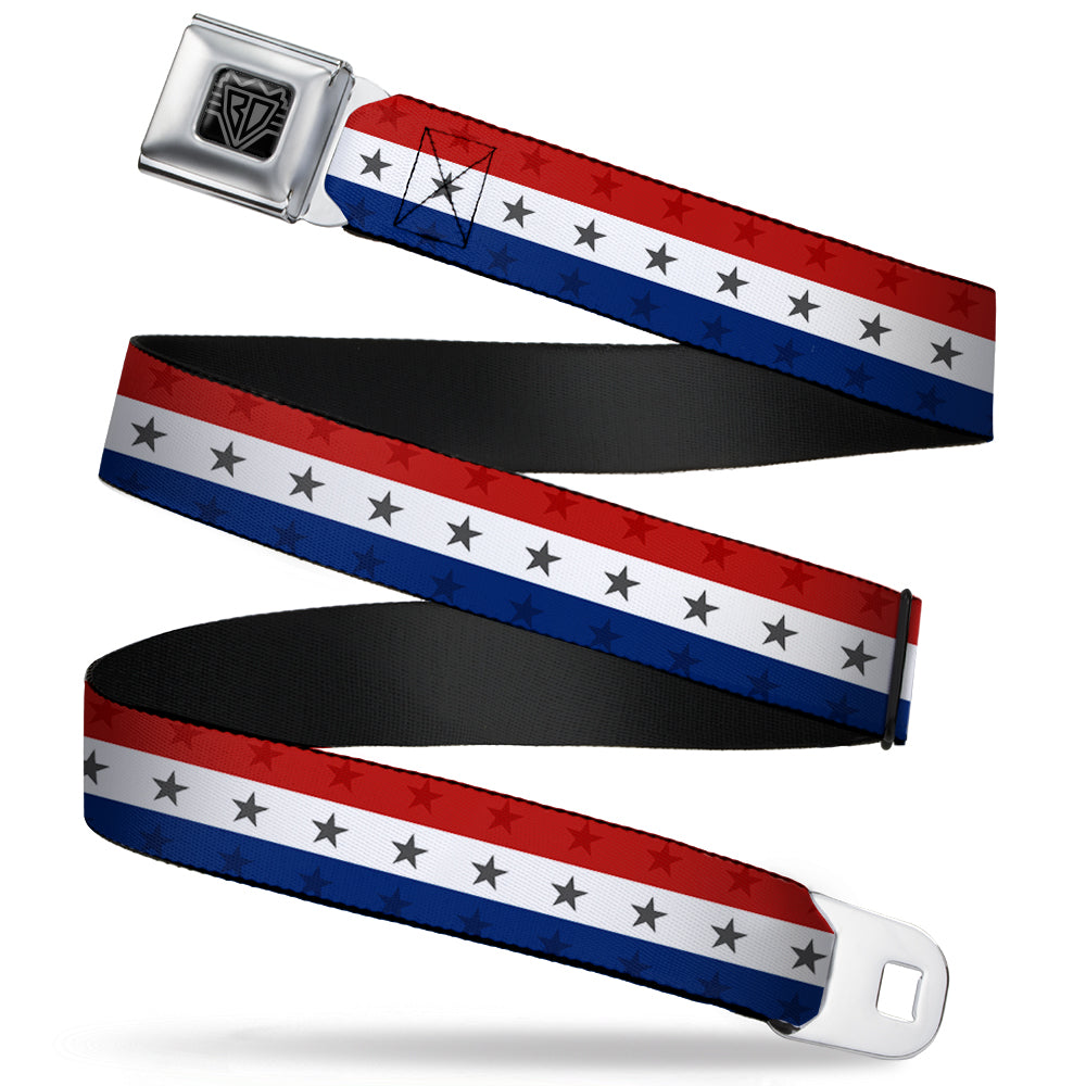 BD Wings Logo CLOSE-UP Full Color Black Silver Seatbelt Belt - Americana Star Stripes Red/White/Blue Webbing Seatbelt Belts Buckle-Down
