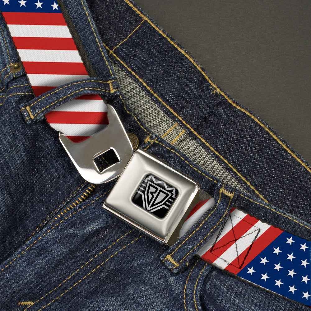 BD Wings Logo CLOSE-UP Full Color Black Silver Seatbelt Belt - American Flag Diagonal Webbing Seatbelt Belts Buckle-Down